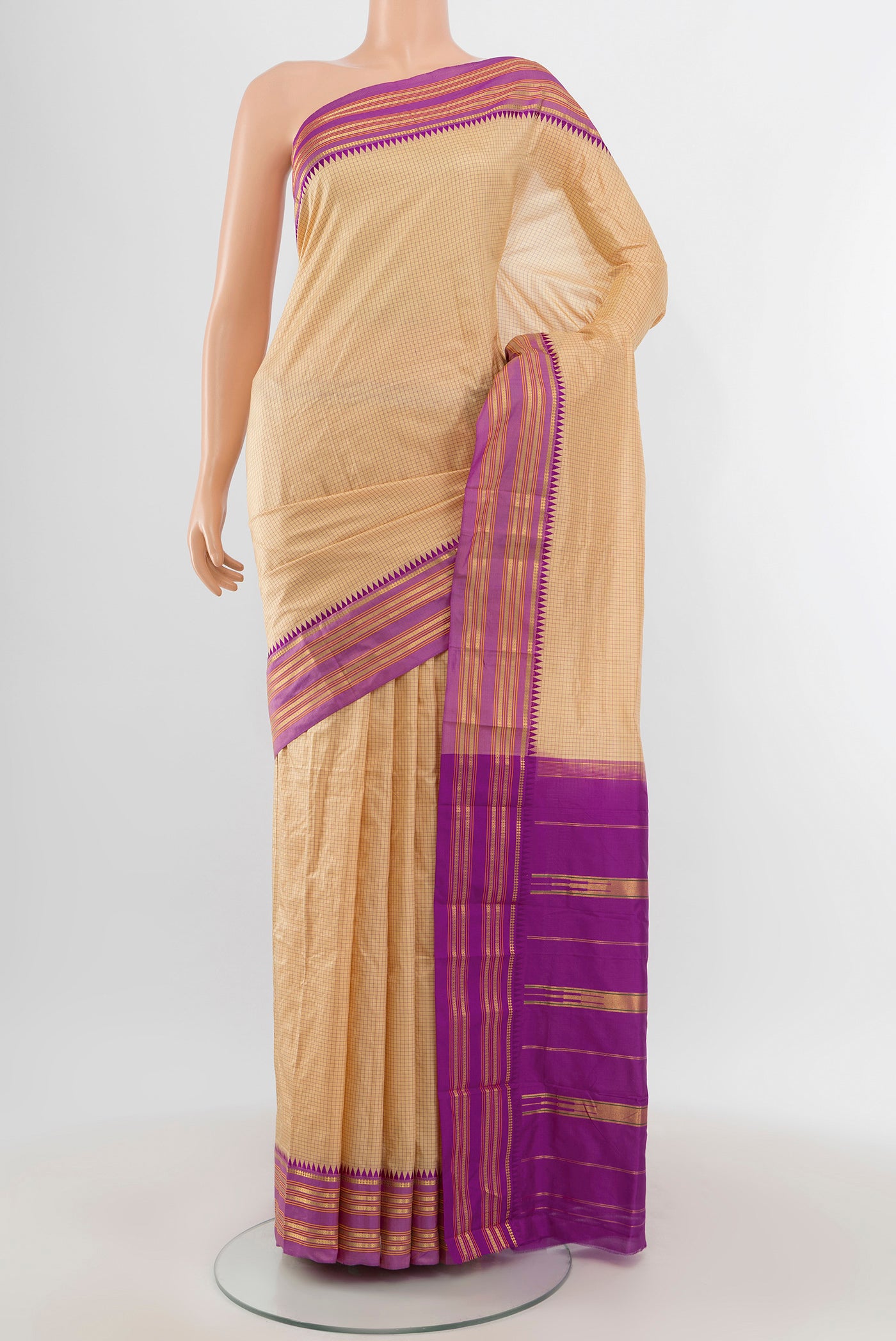 Sandal Narayanpet Silk Saree with Checked design on the body and Zari Border.  displayed on a mannequin