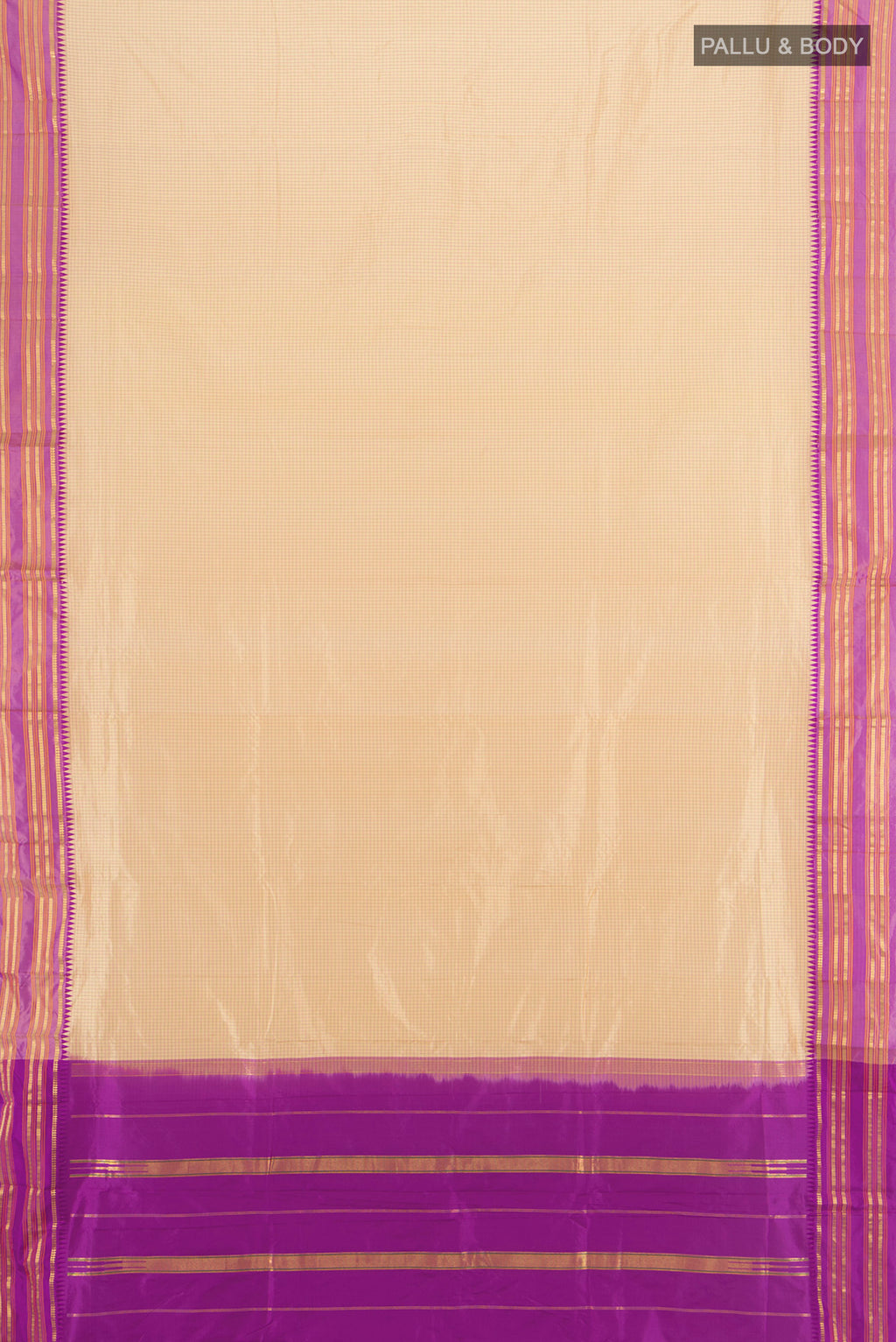 Flat view of Sandal Narayanpet Silk Saree with Checked design on the body and Zari Border. 