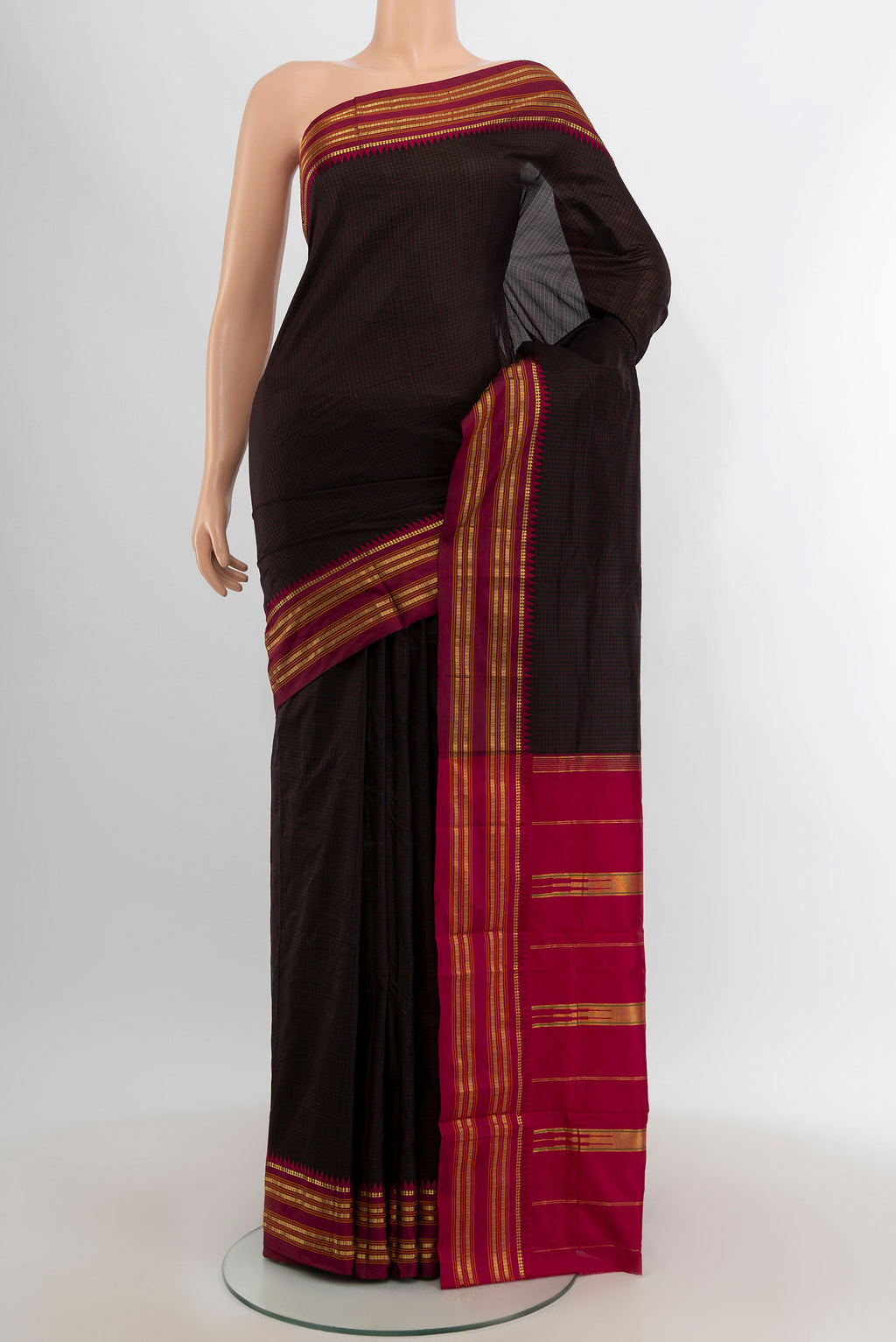 Coffee Brown Narayanpet Silk Saree with Checked design on the body and Zari Border.  displayed on a mannequin