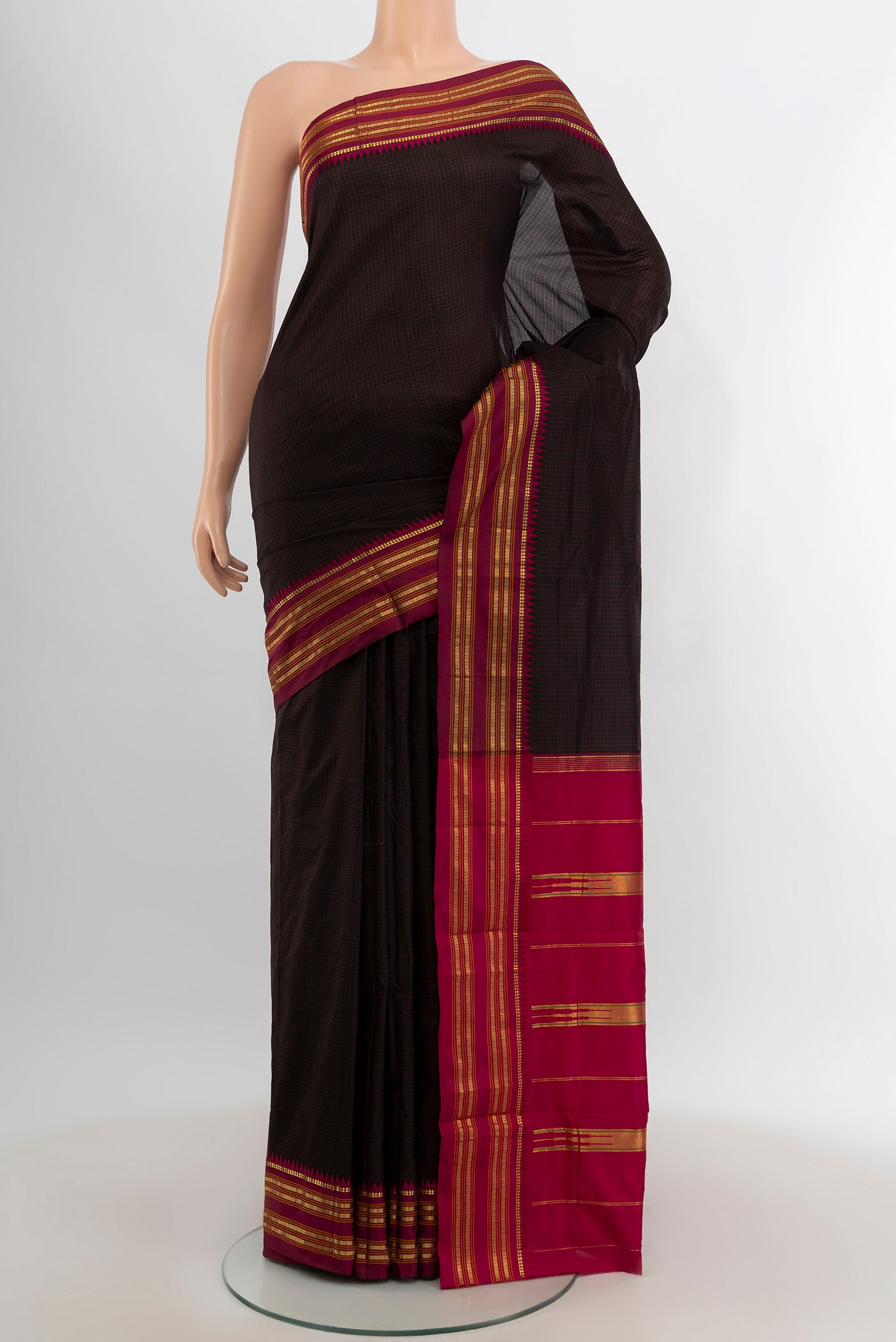 Coffee Brown Narayanpet Silk Saree with Checked design on the body and Zari Border.  displayed on a mannequin