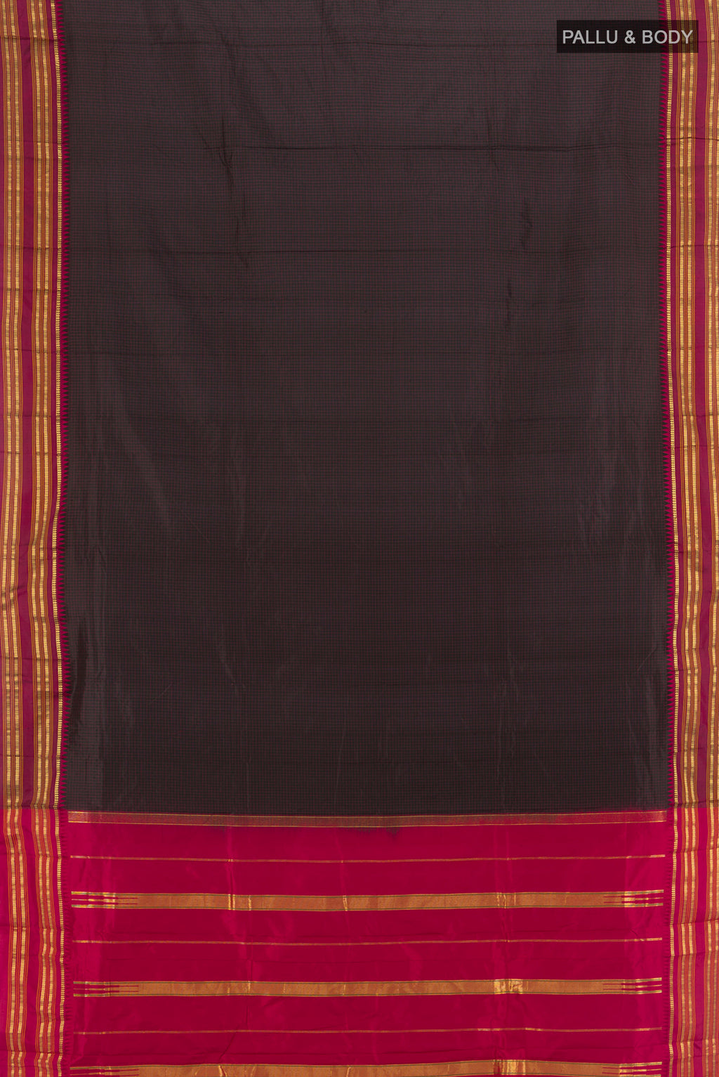 Flat view of Coffee Brown Narayanpet Silk Saree with Checked design on the body and Zari Border. 