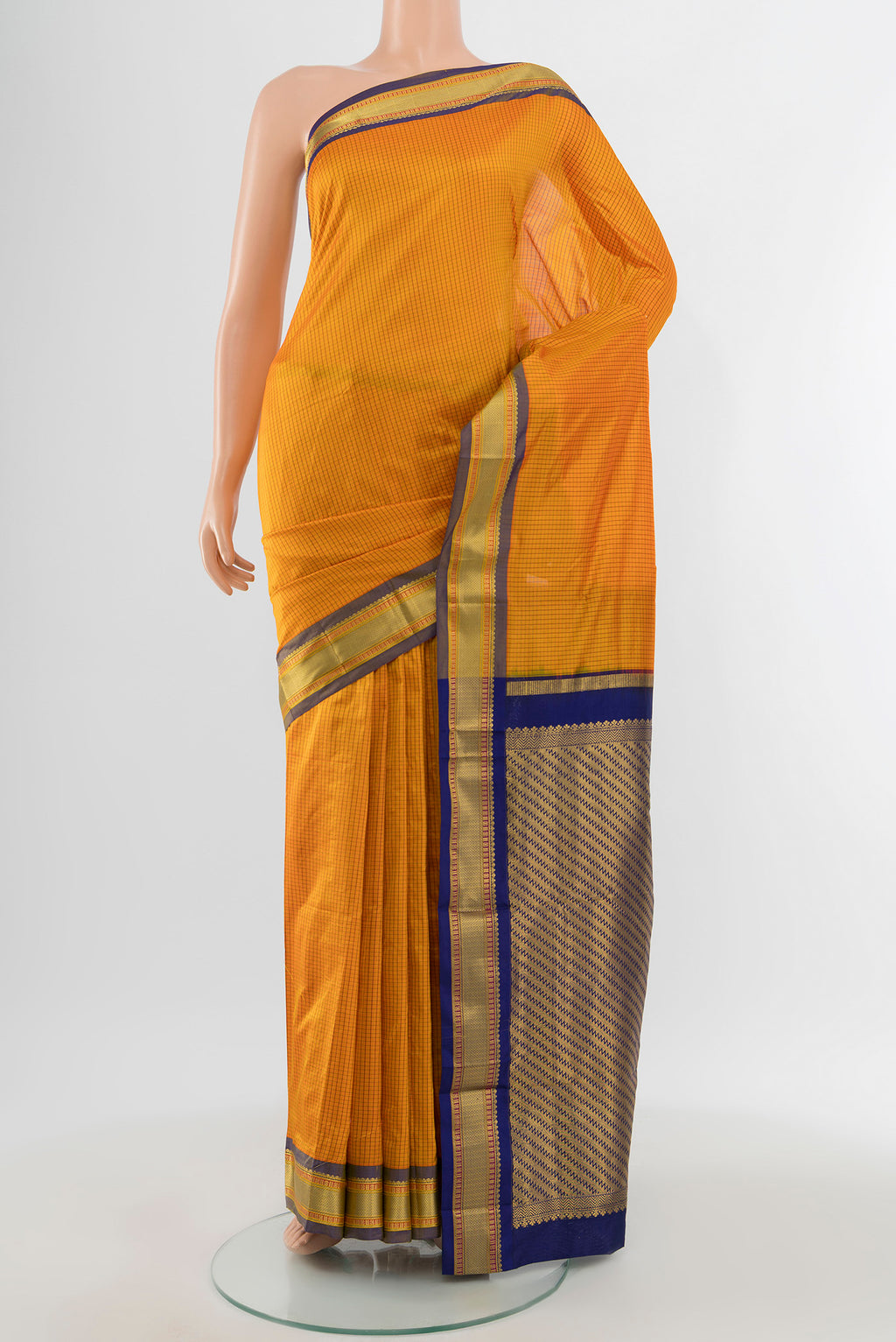 Yellow Narayanpet Silk Saree with Checked design on the body and Zari Border.  displayed on a mannequin