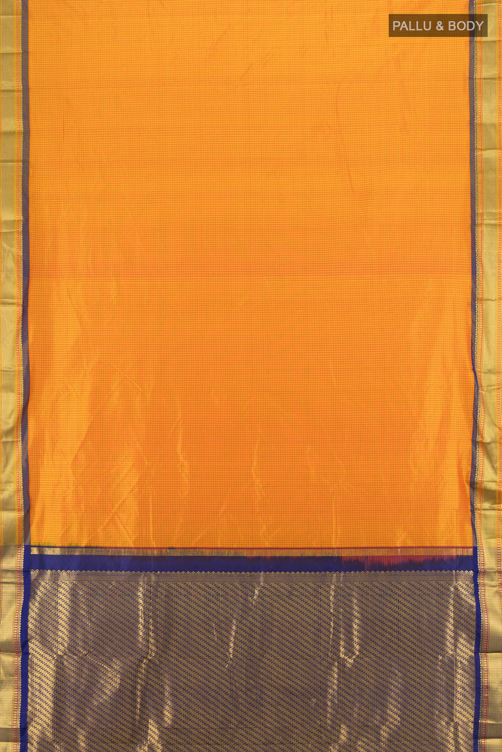 Flat view of Yellow Narayanpet Silk Saree with Checked design on the body and Zari Border. 