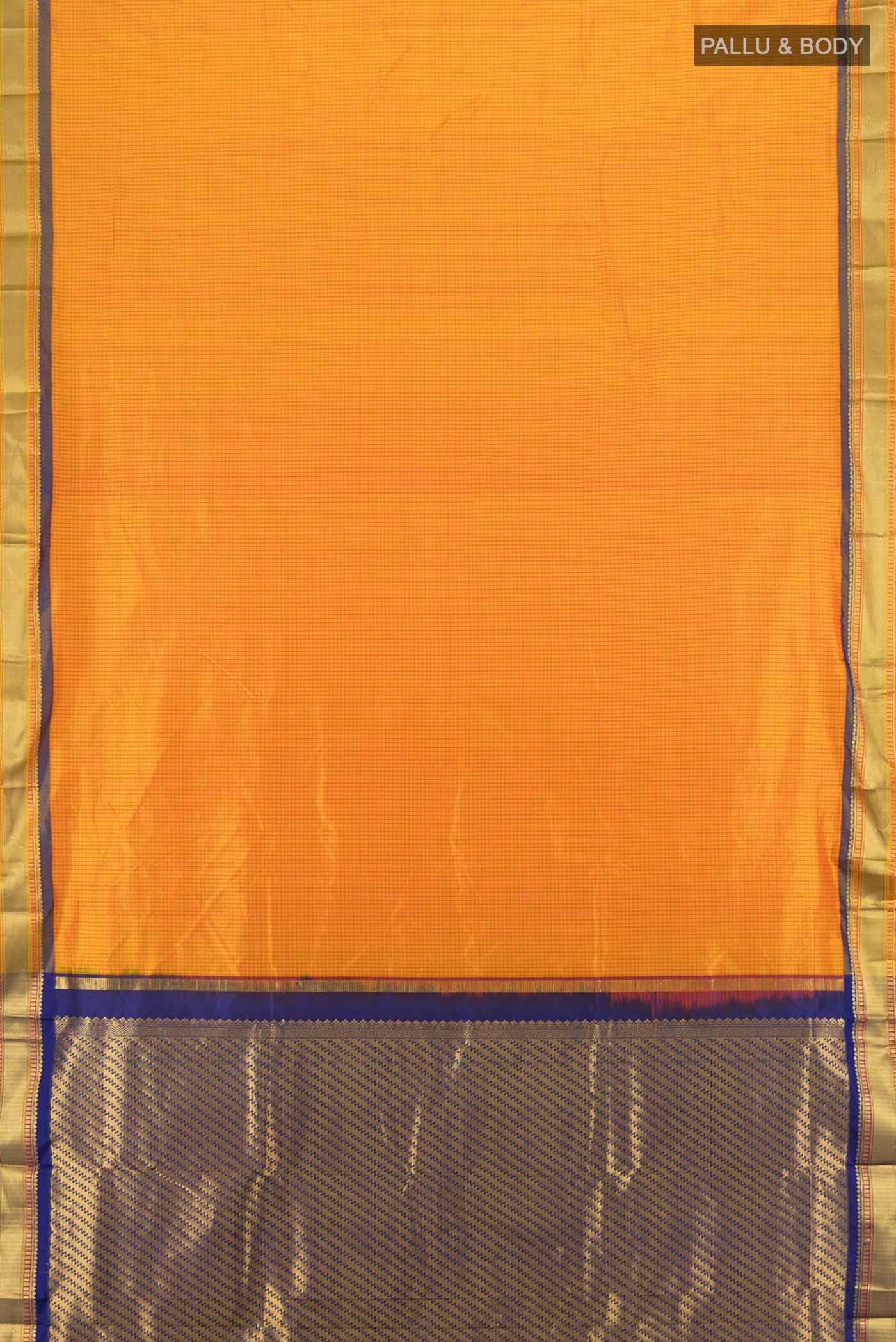 Flat view of Yellow Narayanpet Silk Saree with Checked design on the body and Zari Border. 