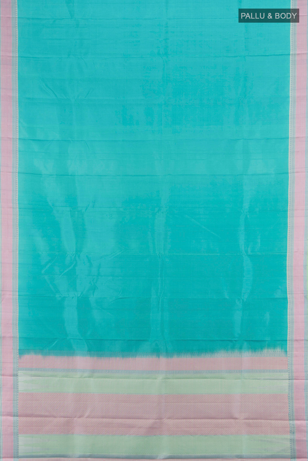 Flat view of Sky Blue Kanchipuram Silk Saree with Plain Body and Thread Border. 