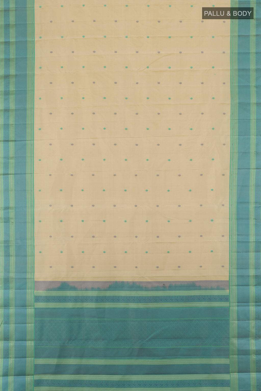 Flat view of Beige Kanchipuram Silk Saree with Thread Butta on the body and Thread Border. 