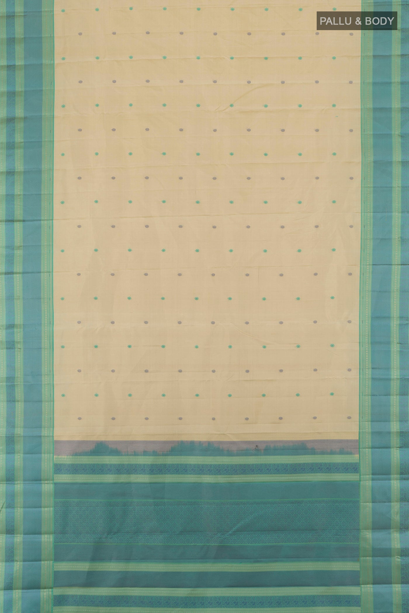 Flat view of Beige Kanchipuram Silk Saree with Thread Butta on the body and Thread Border. 