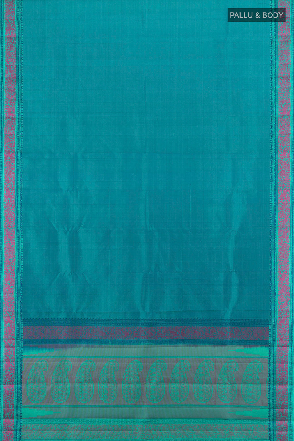 Flat view of Peacock Blue Kanchipuram Silk Saree with Plain Body and Thread Border. 