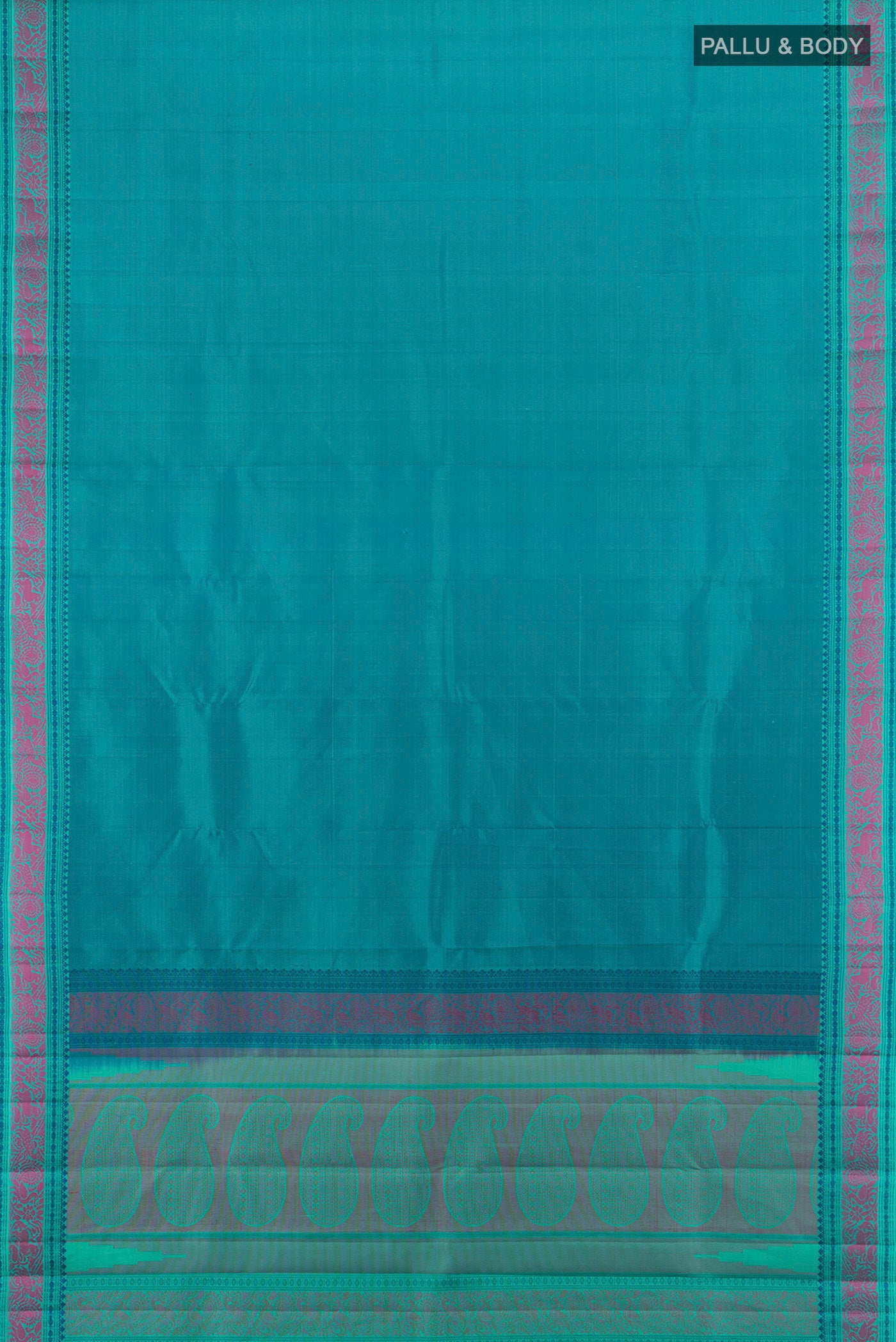 Flat view of Peacock Blue Kanchipuram Silk Saree with Plain Body and Thread Border. 