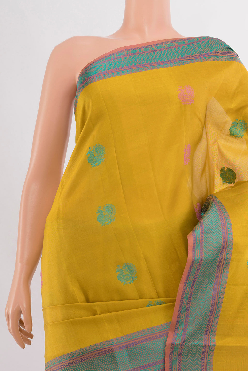 Border image of Mustard Kanchipuram Silk Saree with Zari Butta on the body and Silk Border. 