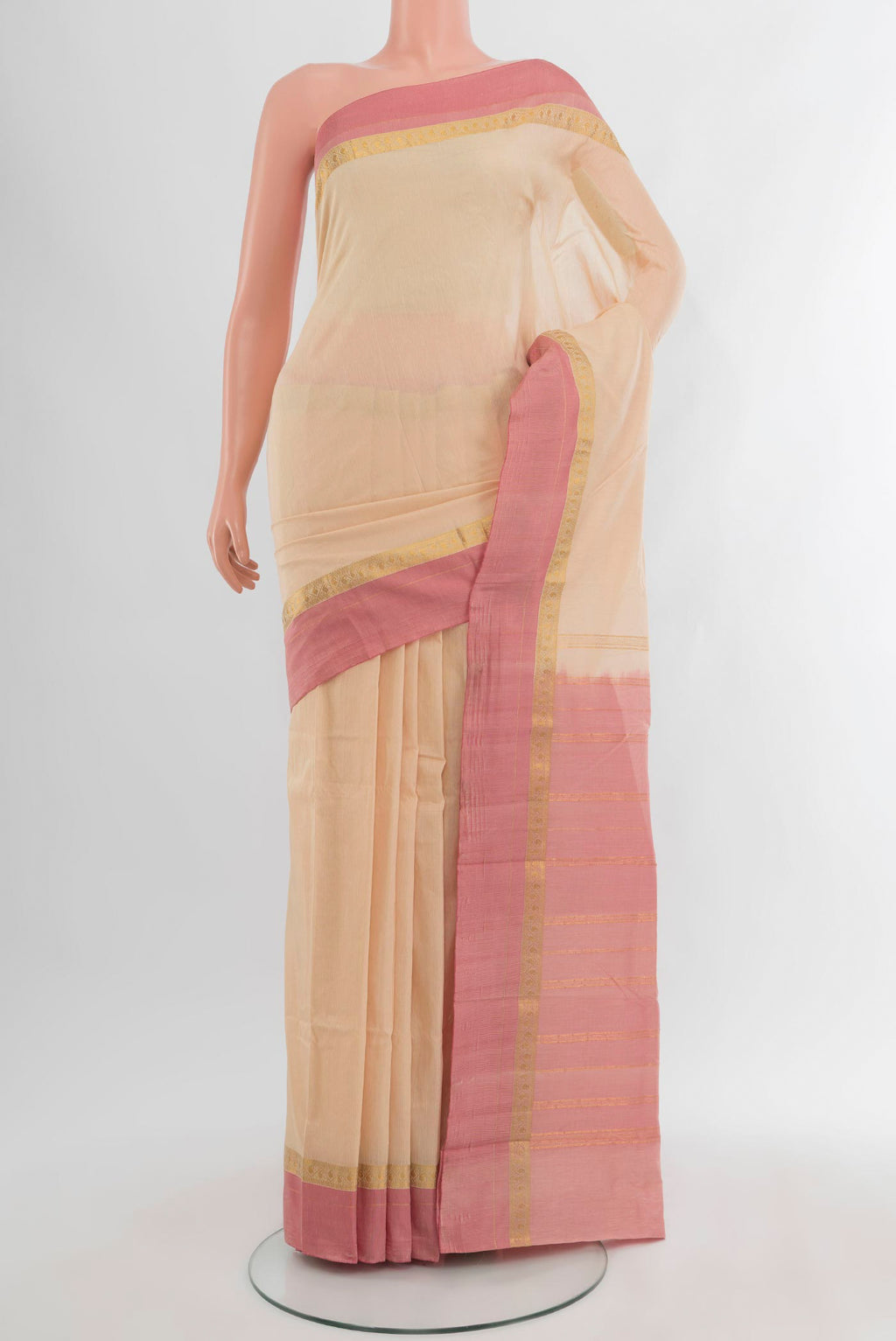Cream Bangalore Silk Saree with Plain Body and Zari Border.  displayed on a mannequin