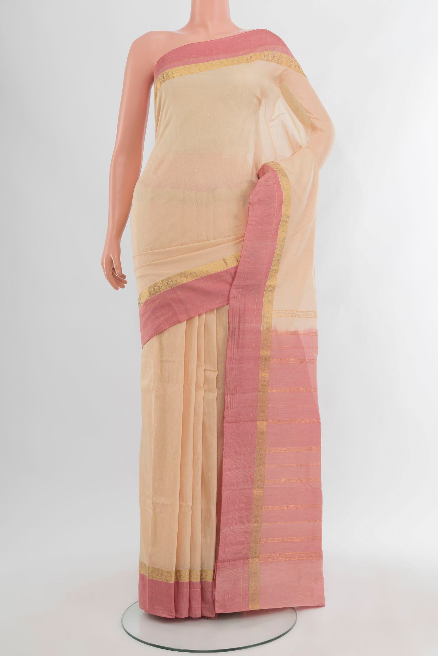 Cream Bangalore Silk Saree with Plain Body and Zari Border.  displayed on a mannequin