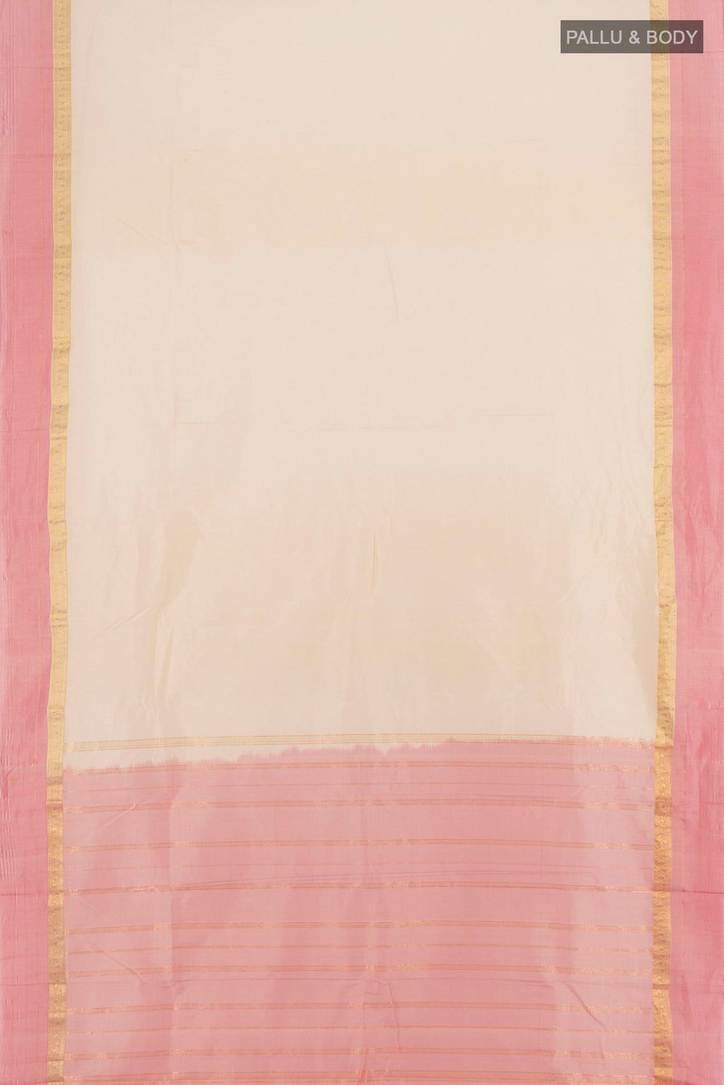 Flat view of Cream Bangalore Silk Saree with Plain Body and Zari Border. 