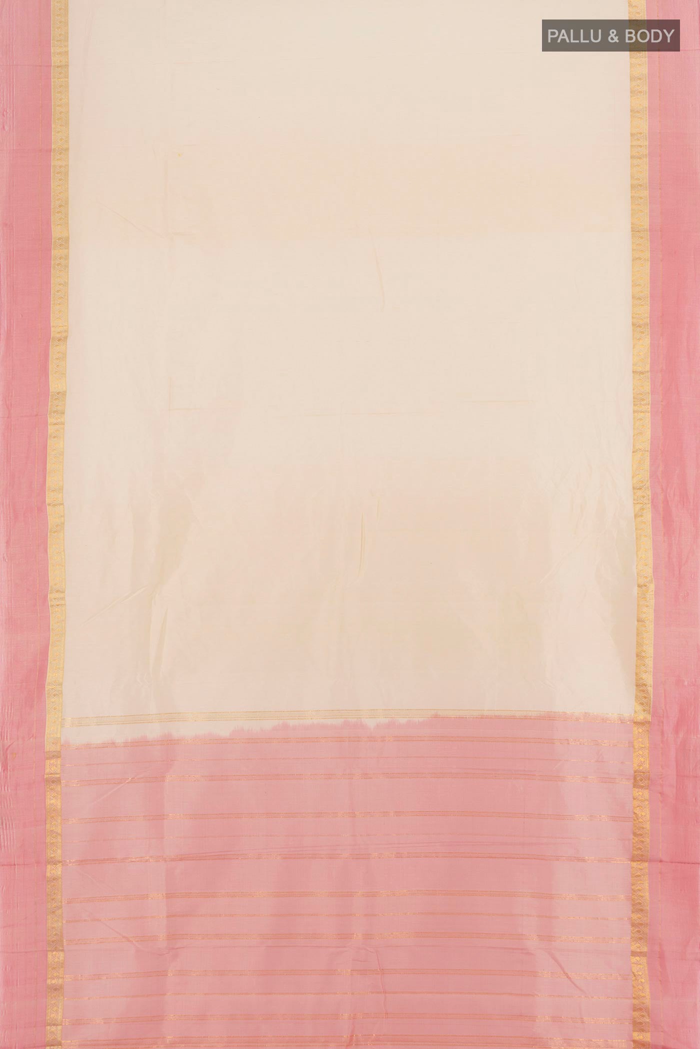 Flat view of Cream Bangalore Silk Saree with Plain Body and Zari Border. 