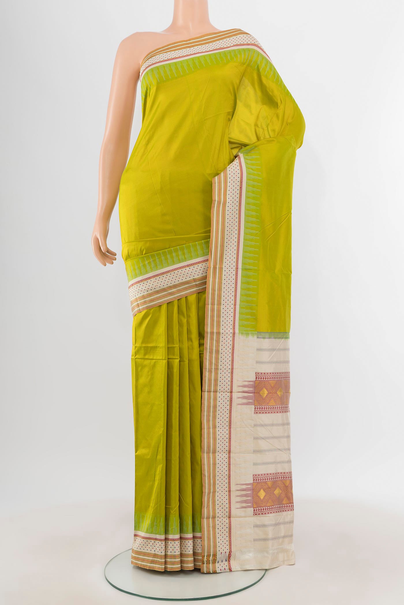 Parrot Green Bangalore Silk - kadyal Saree with Plain Body and Thread Border.  displayed on a mannequin
