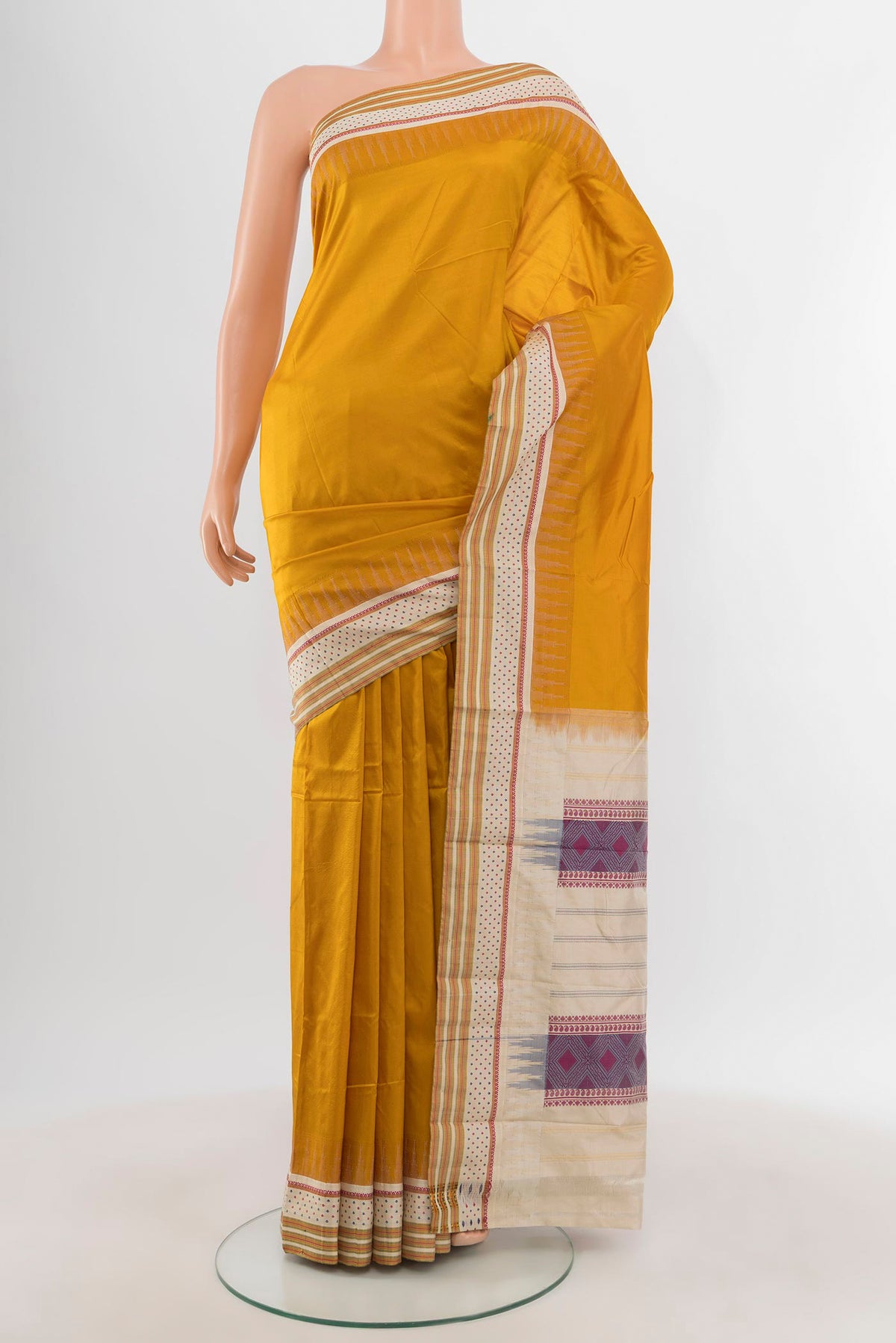 Mustard Bangalore Silk - kadyal Saree with Plain Body and Thread Border.  displayed on a mannequin