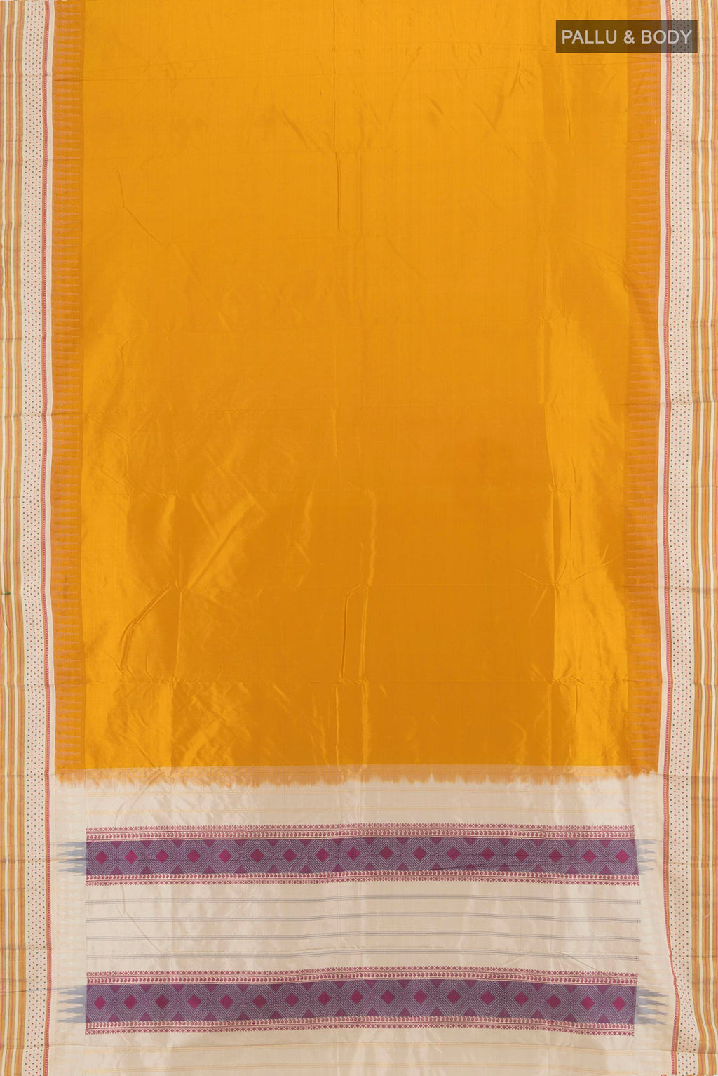 Flat view of Mustard Bangalore Silk - kadyal Saree with Plain Body and Thread Border. 