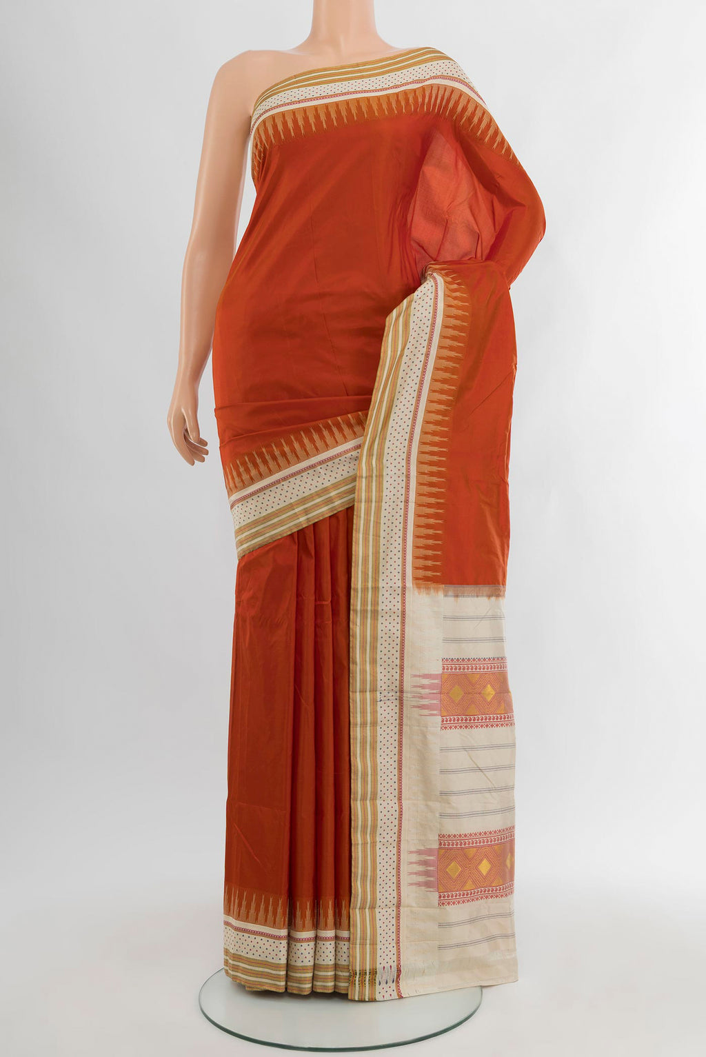 Rust Bangalore Silk - kadyal Saree with Plain Body and Zari Border.  displayed on a mannequin