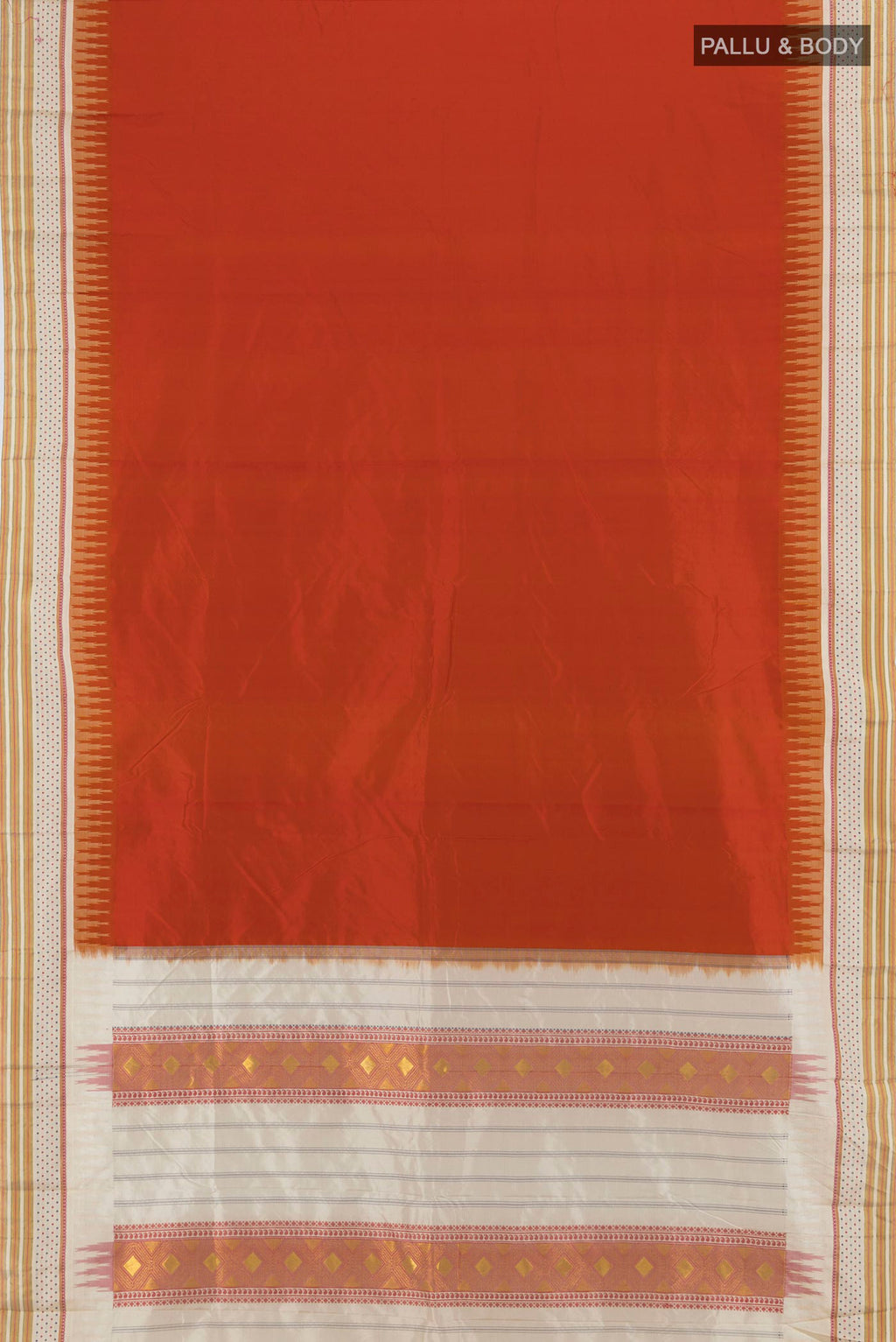 Flat view of Rust Bangalore Silk - kadyal Saree with Plain Body and Zari Border. 