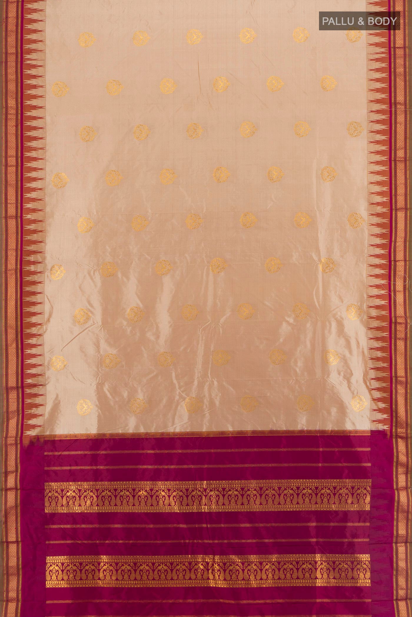 Flat view of Beige Bangalore Silk - kadyal Saree with Zari Butta on the body and Zari Border. 
