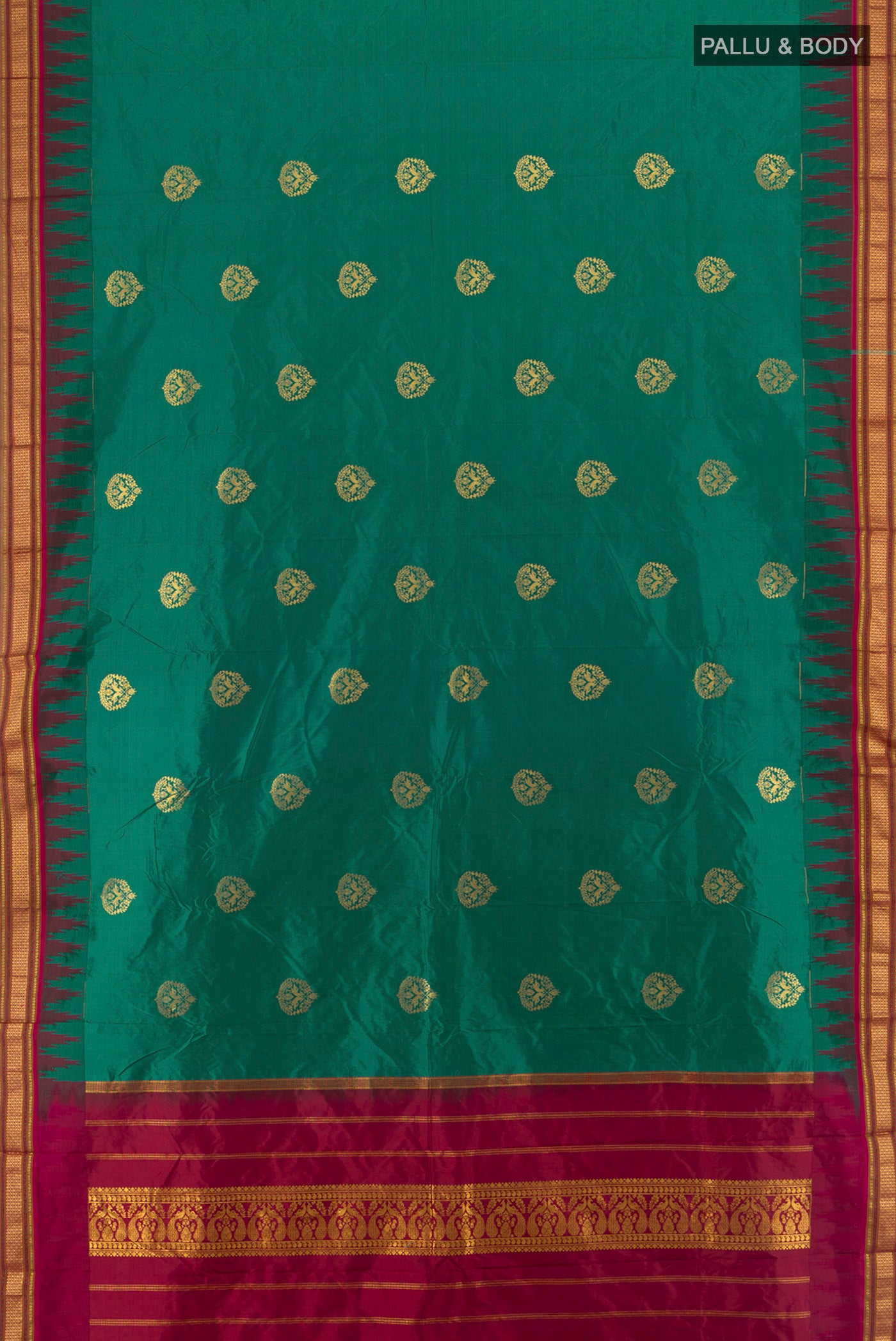 Flat view of Teal Bangalore Silk - kadyal Saree with Zari Butta on the body and Temple Border. 