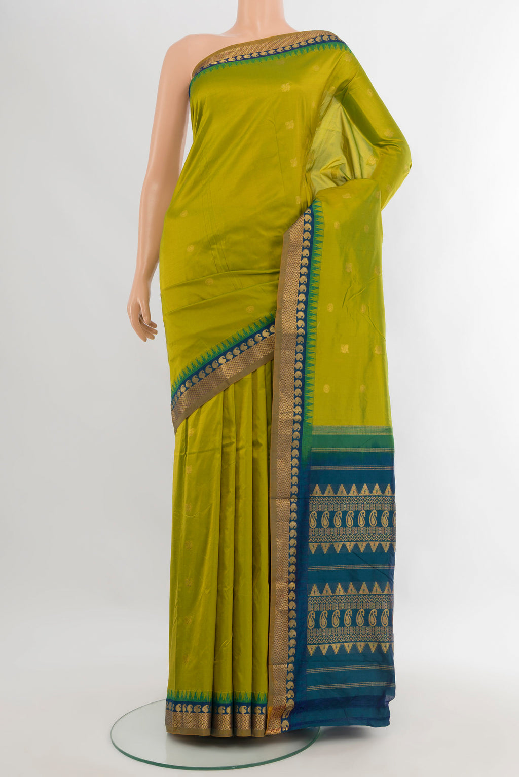 Light Green Bangalore Silk - kadyal Saree with Zari Butta on the body and Zari Border.  displayed on a mannequin