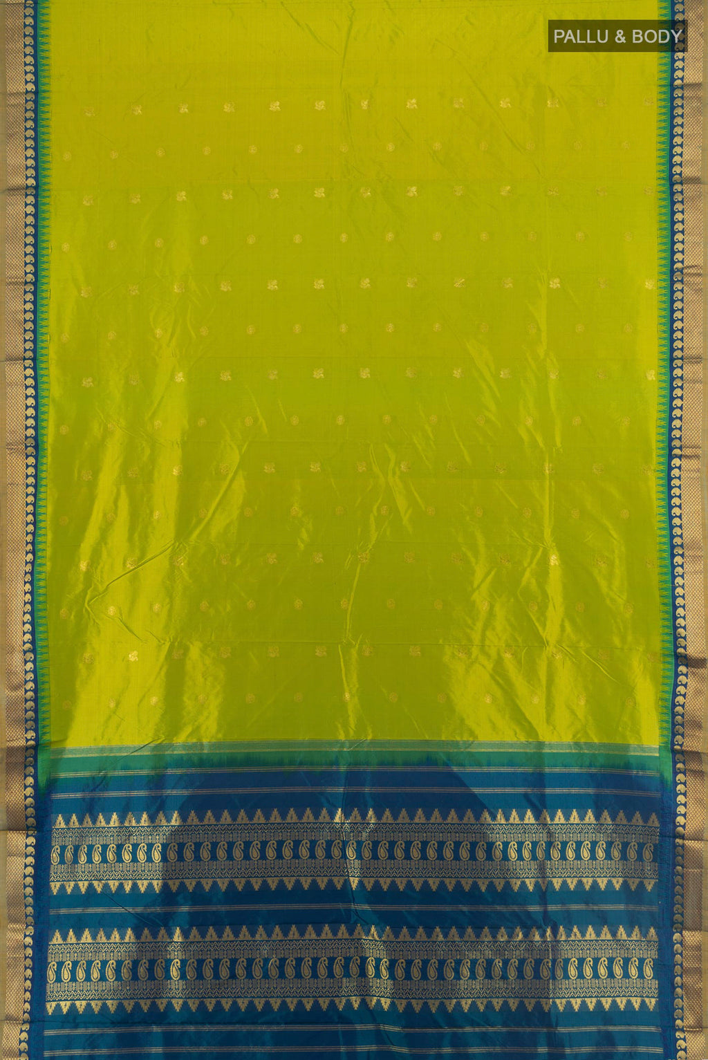 Flat view of Light Green Bangalore Silk - kadyal Saree with Zari Butta on the body and Zari Border. 