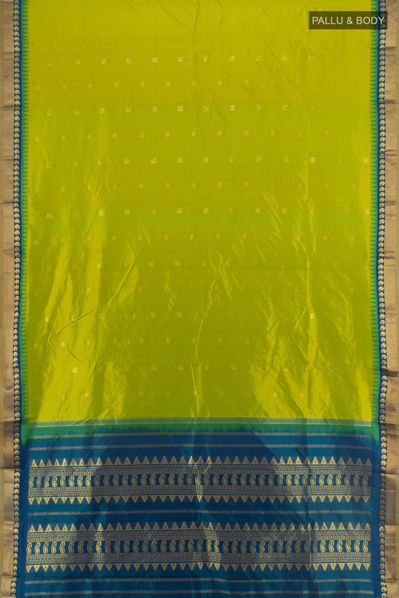 Flat view of Light Green Bangalore Silk - kadyal Saree with Zari Butta on the body and Zari Border. 
