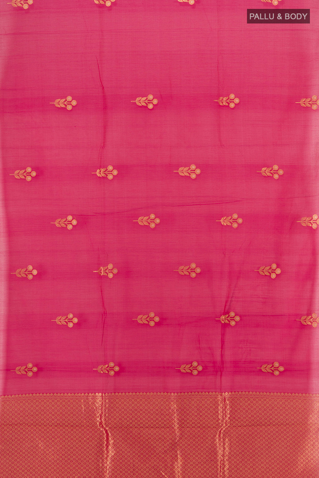 Flat view of Dark Pink Banarasi Kora Cotton Saree with Zari Butta on the body and Zari Border. 