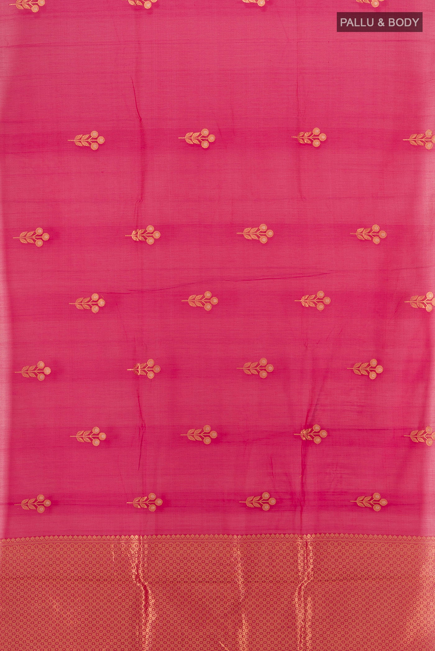 Flat view of Dark Pink Banarasi Kora Cotton Saree with Zari Butta on the body and Zari Border. 