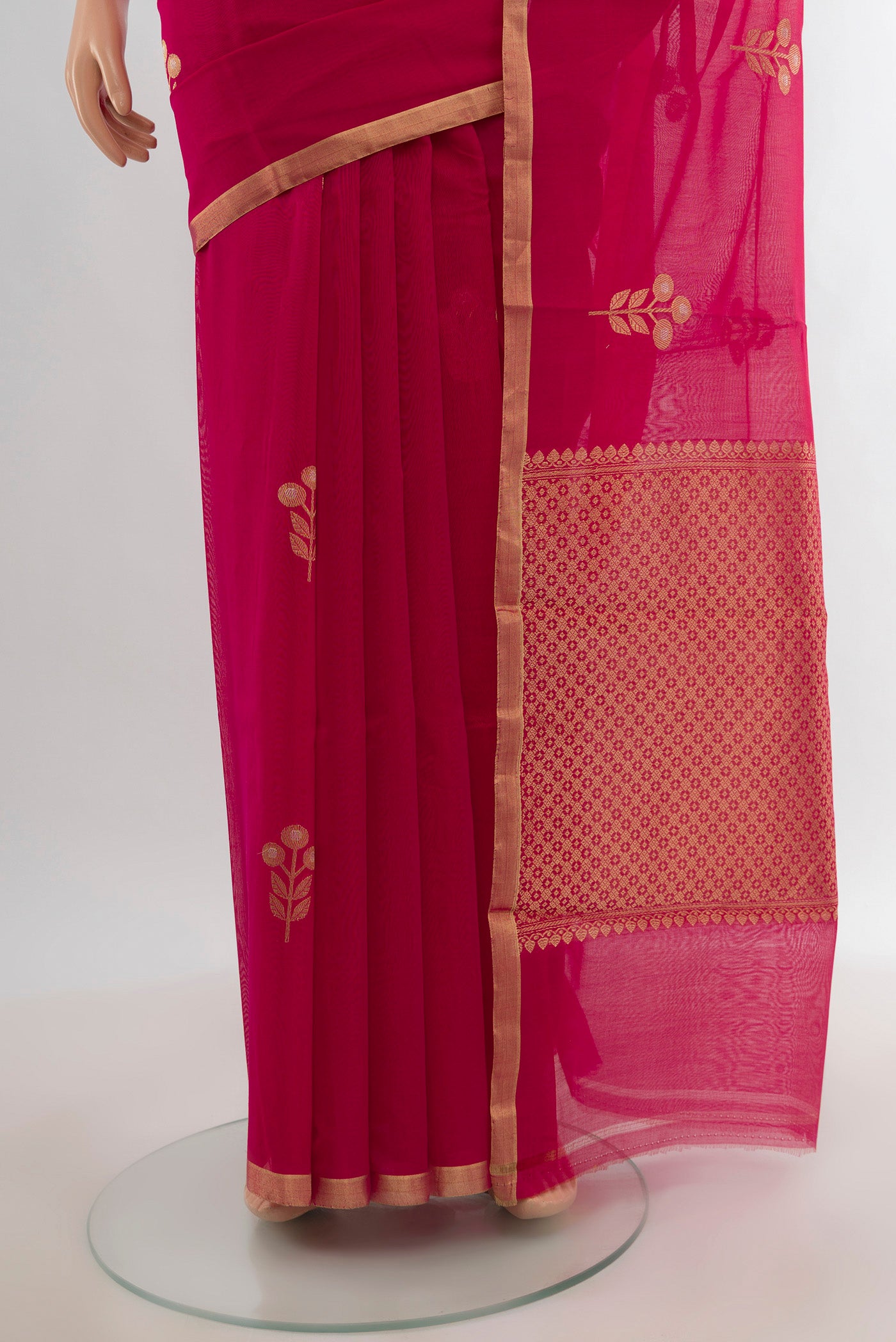 Pleats and pallu of Dark Pink Banarasi Kora Cotton Saree with Zari Butta on the body and Zari Border. 