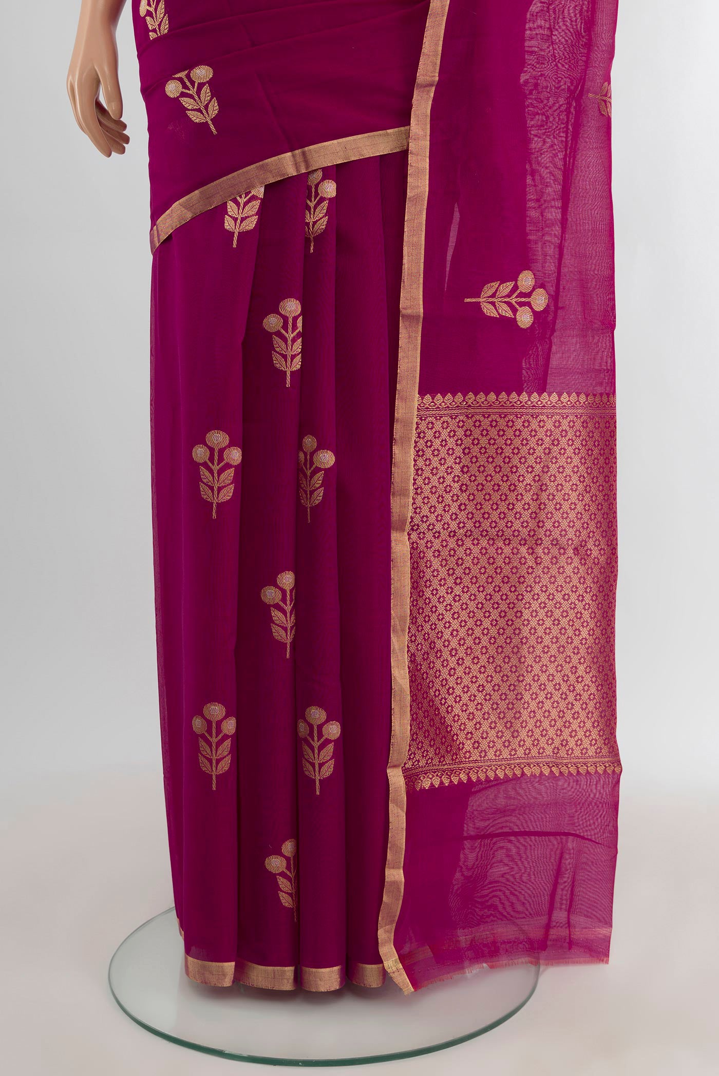 Pleats and pallu of Magenta Banarasi Kora Cotton Saree with Zari Butta on the body and Zari Border. 