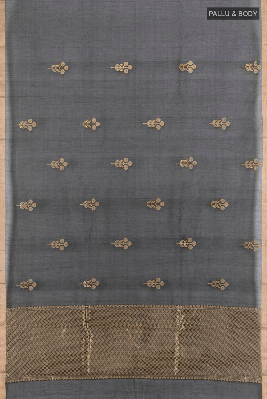 Flat view of Black Banarasi Kora Cotton Saree with Zari Butta on the body and Zari Border. 