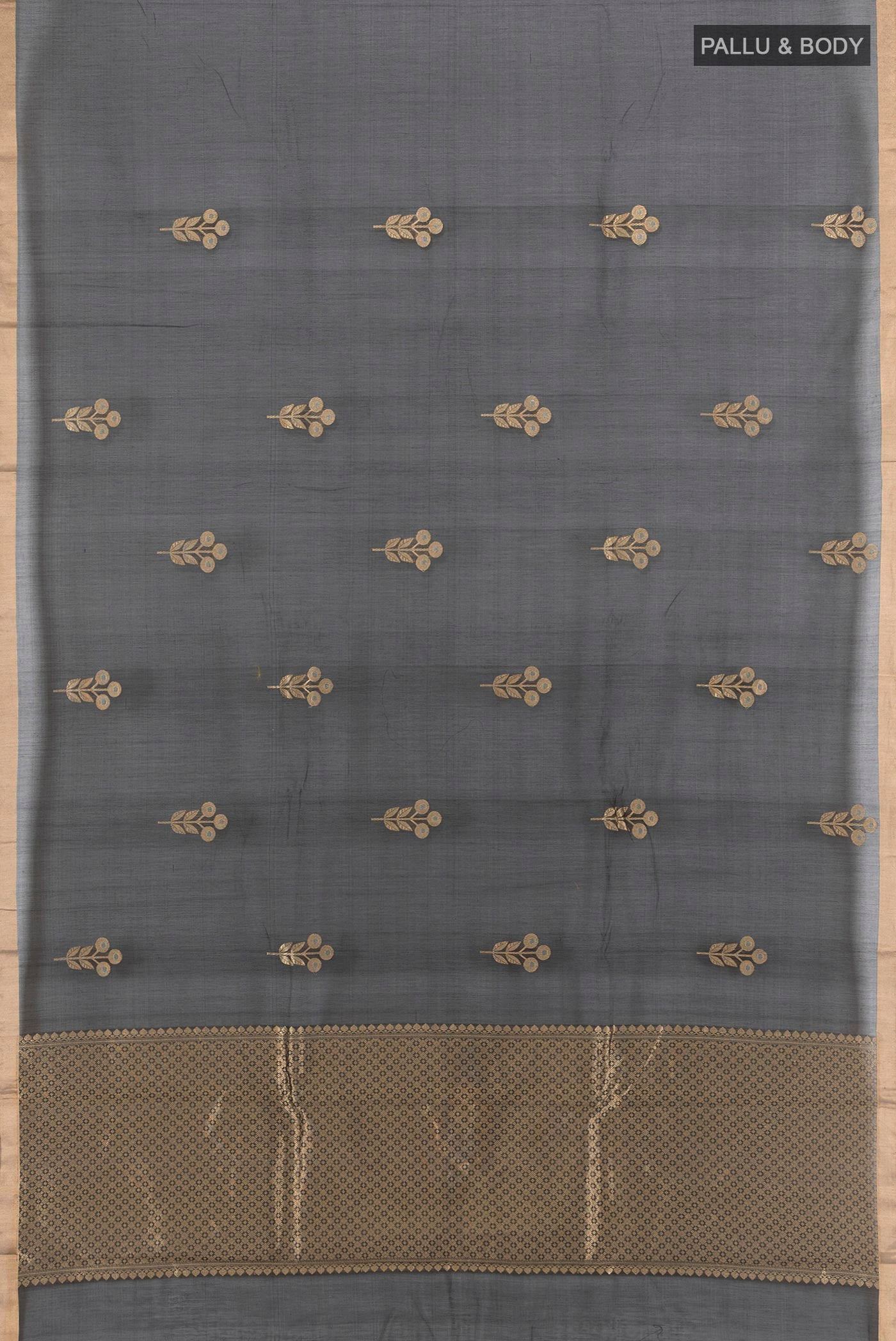Flat view of Black Banarasi Kora Cotton Saree with Zari Butta on the body and Zari Border. 