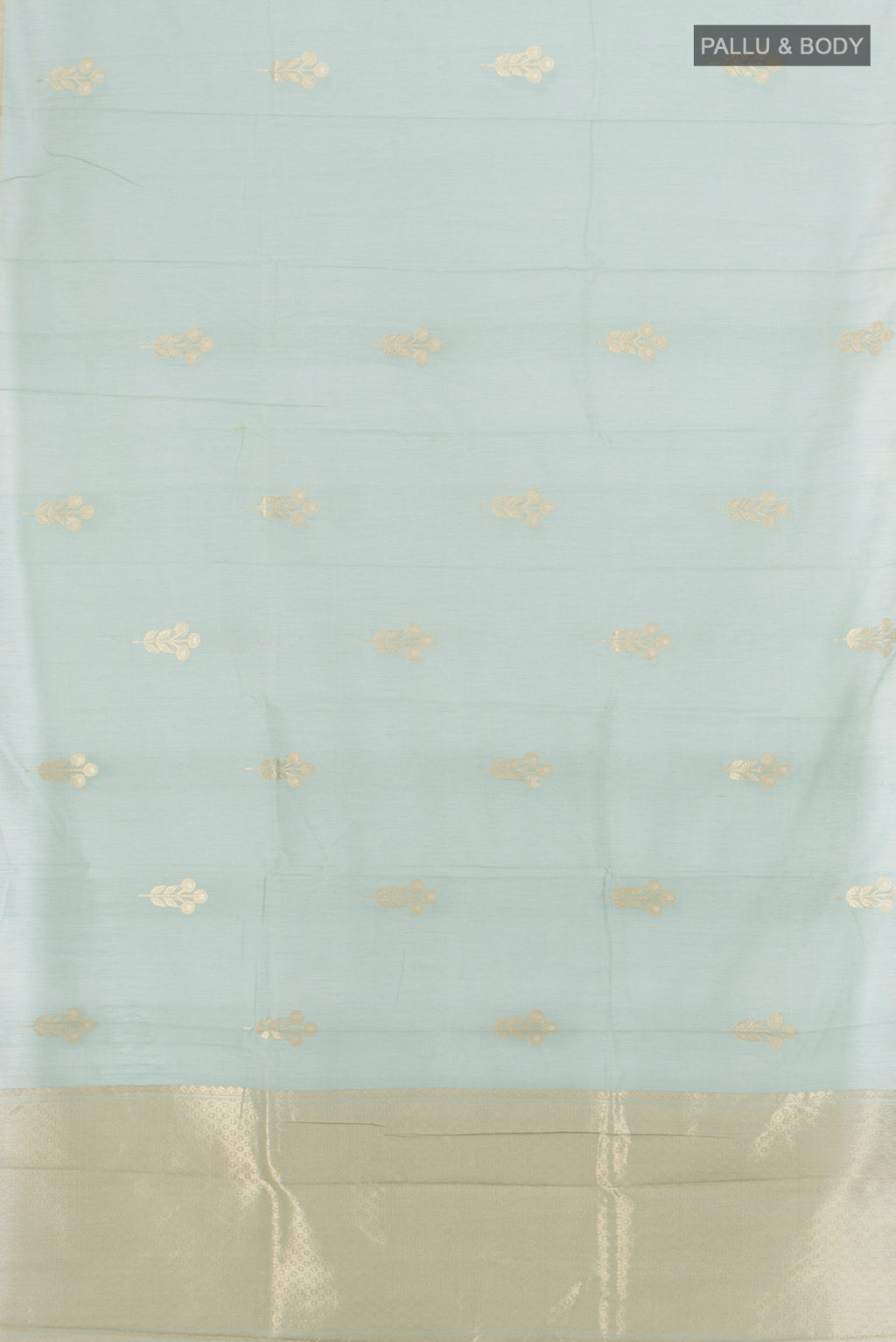 Flat view of Grey Banarasi Kora Cotton Saree with Zari Butta on the body and Zari Border. 