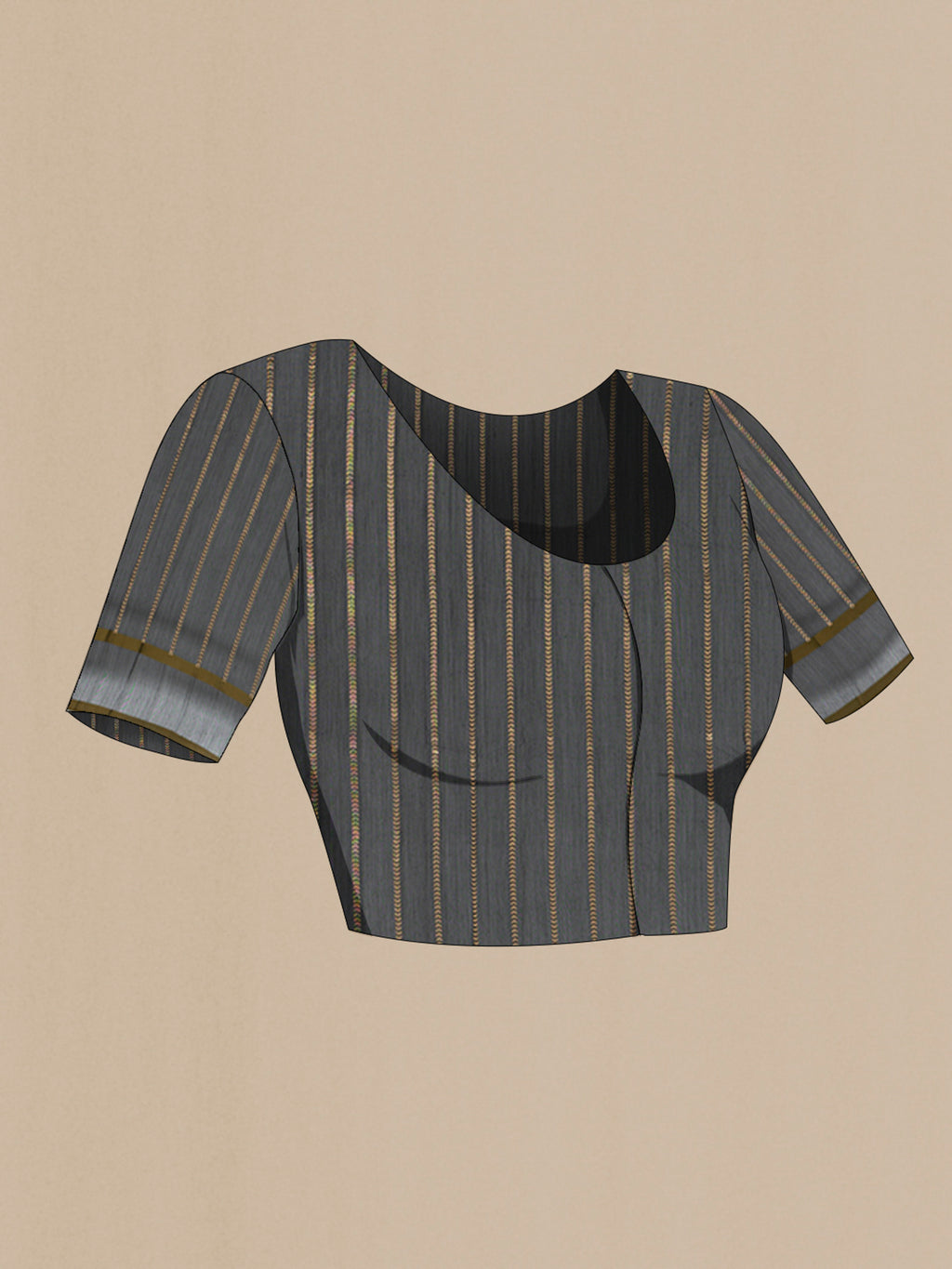 Close up image of the blouse of Black Banarasi Kora Cotton Saree with Zari Butta on the body and Zari Border. 