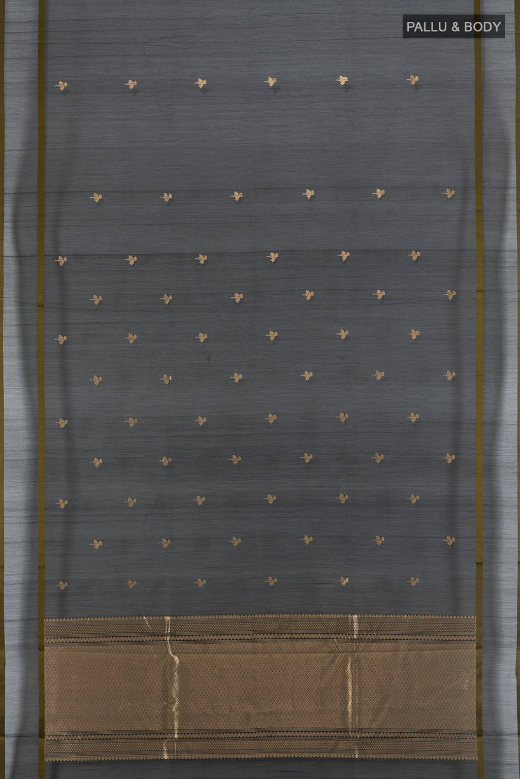 Flat view of Black Banarasi Kora Cotton Saree with Zari Butta on the body and Zari Border. 