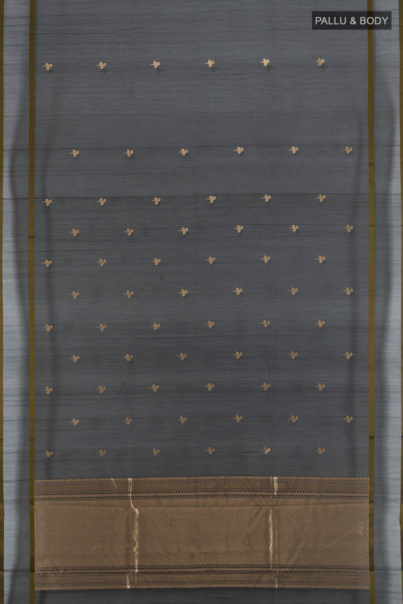 Flat view of Black Banarasi Kora Cotton Saree with Zari Butta on the body and Zari Border. 