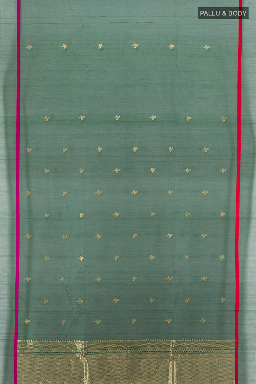 Flat view of Bottle Green Banarasi Kora Cotton Saree with Zari Butta on the body and Plain Border. 