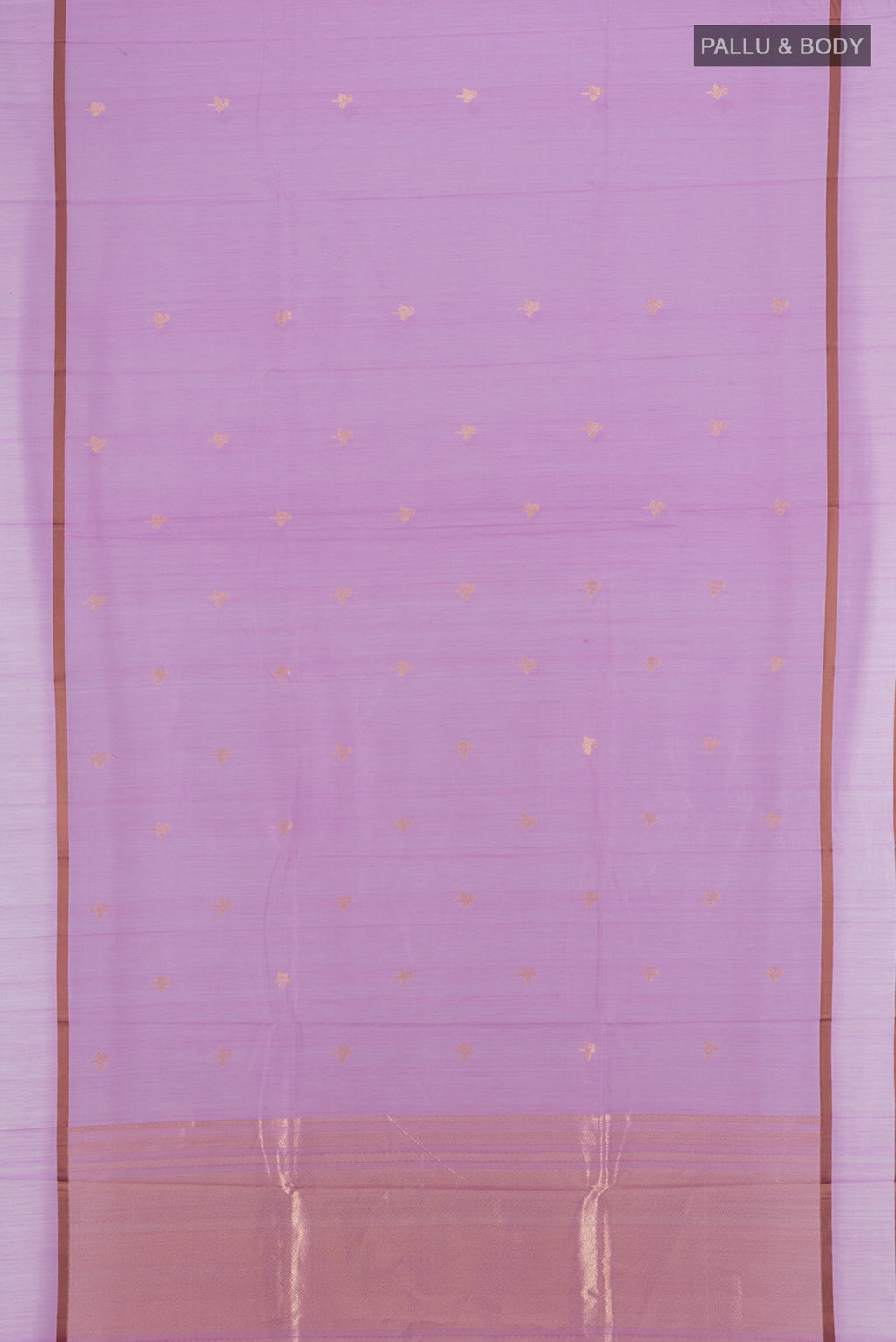 Flat view of Lavender Banarasi Kora Cotton Saree with Zari Butta on the body and Plain Border. 