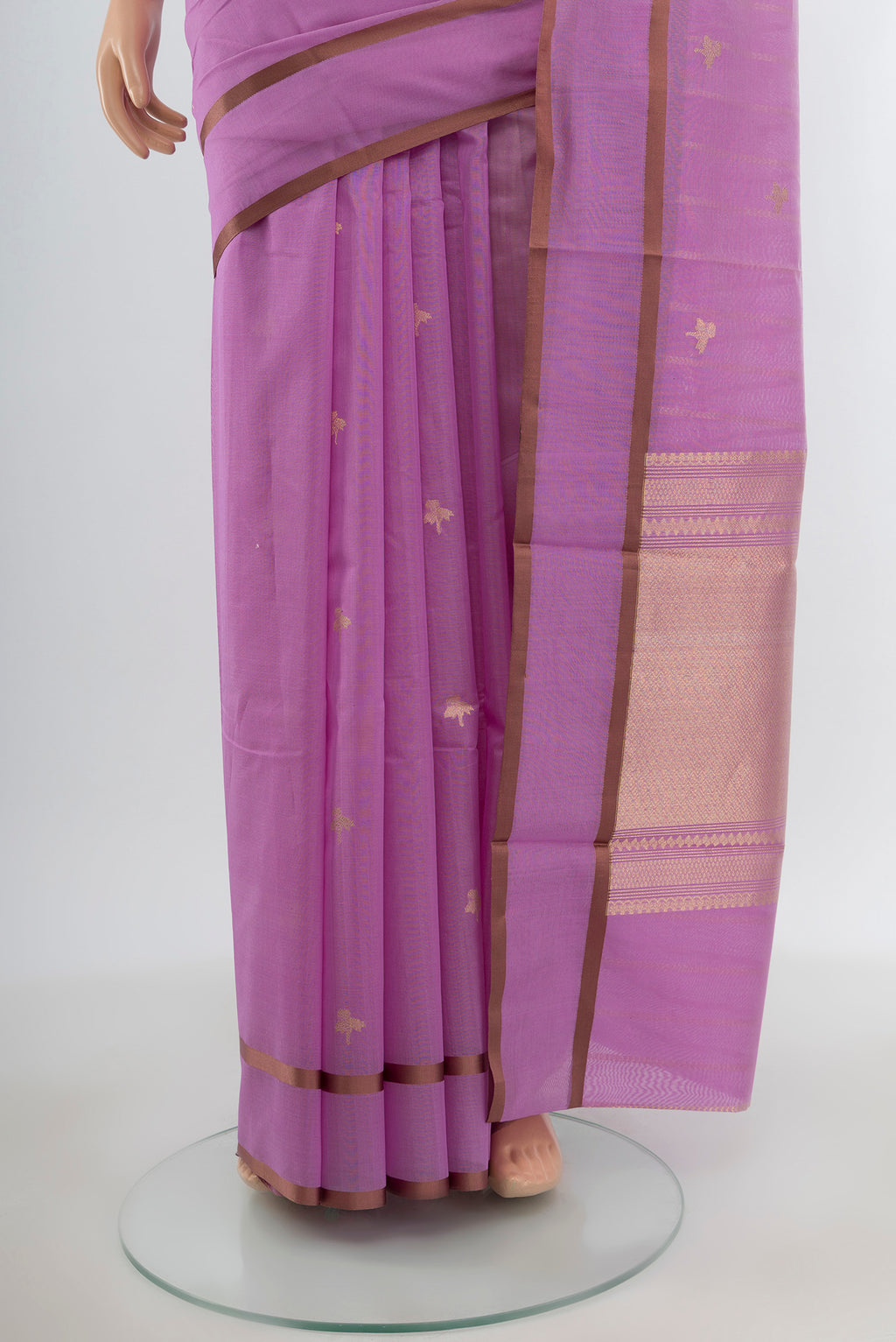 Pleats and pallu of Lavender Banarasi Kora Cotton Saree with Zari Butta on the body and Plain Border. 