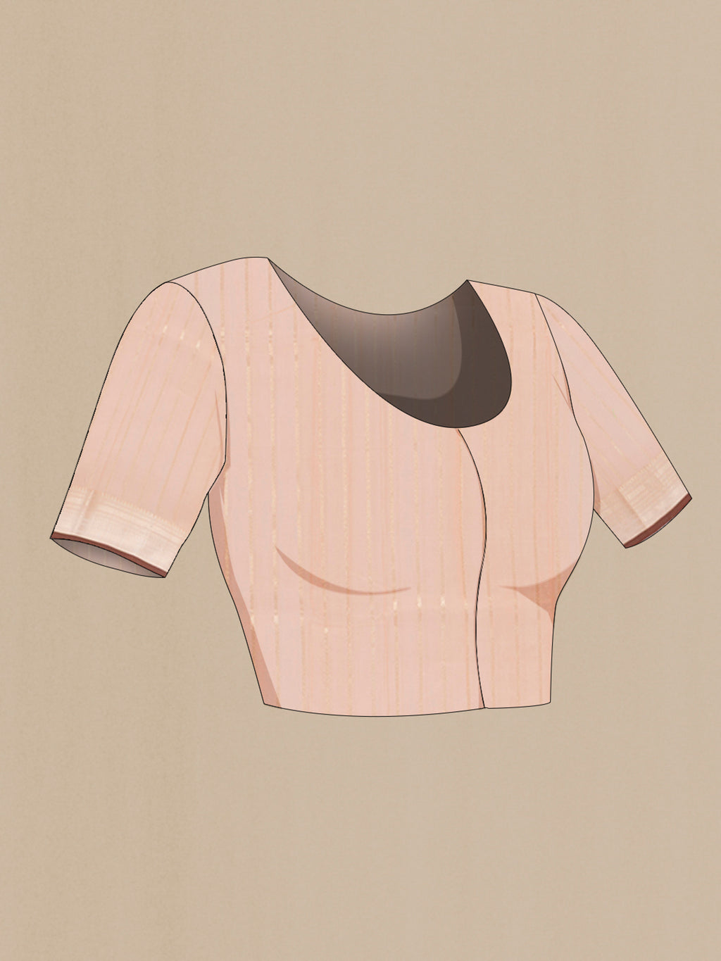 Close up image of the blouse of Peach Banarasi Kora Cotton Saree with Zari Butta on the body and Zari Border. 