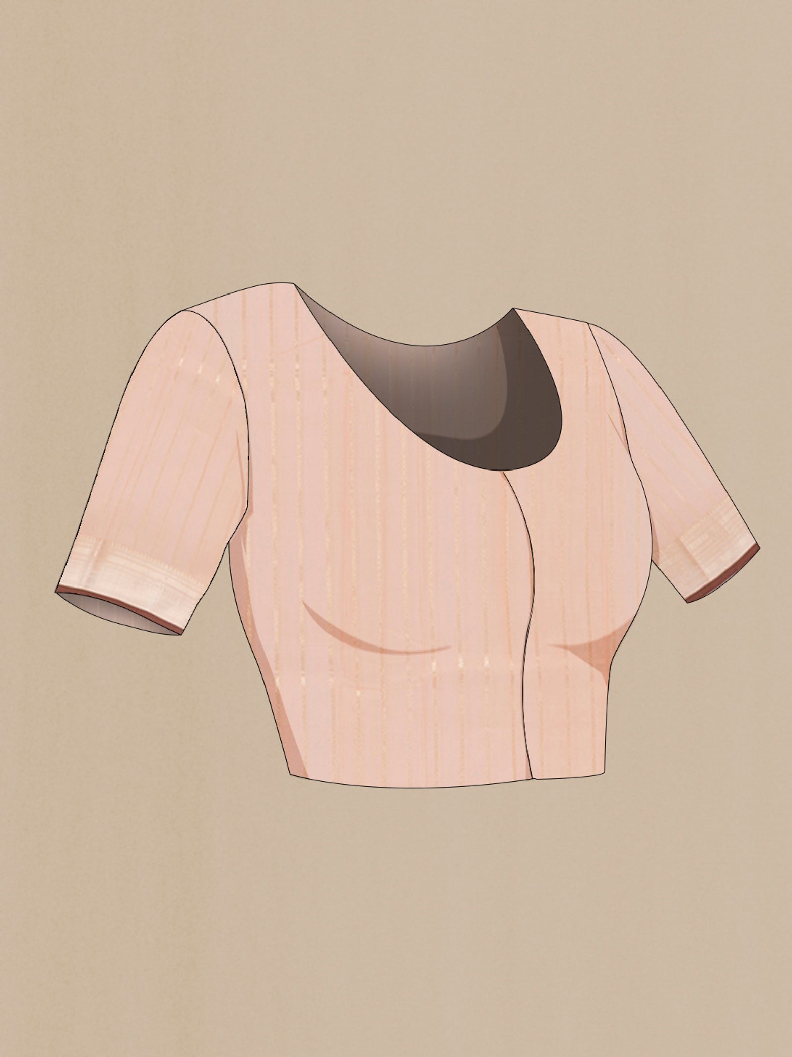 Close up image of the blouse of Peach Banarasi Kora Cotton Saree with Zari Butta on the body and Zari Border. 