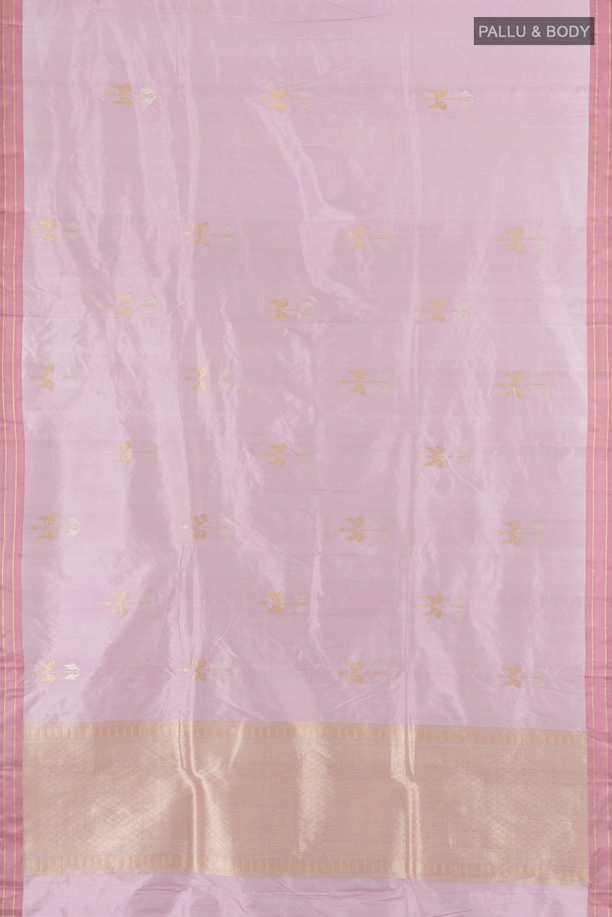 Flat view of Pure Silk Rose Gold Banarasi Katan Saree with Zari Butta on the body and Plain Border. 