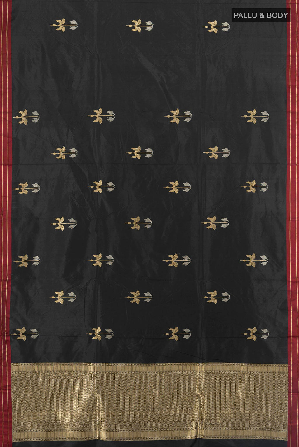 Flat view of Pure Silk Black Banarasi Katan Saree with Zari Butta on the body and Plain Border. 