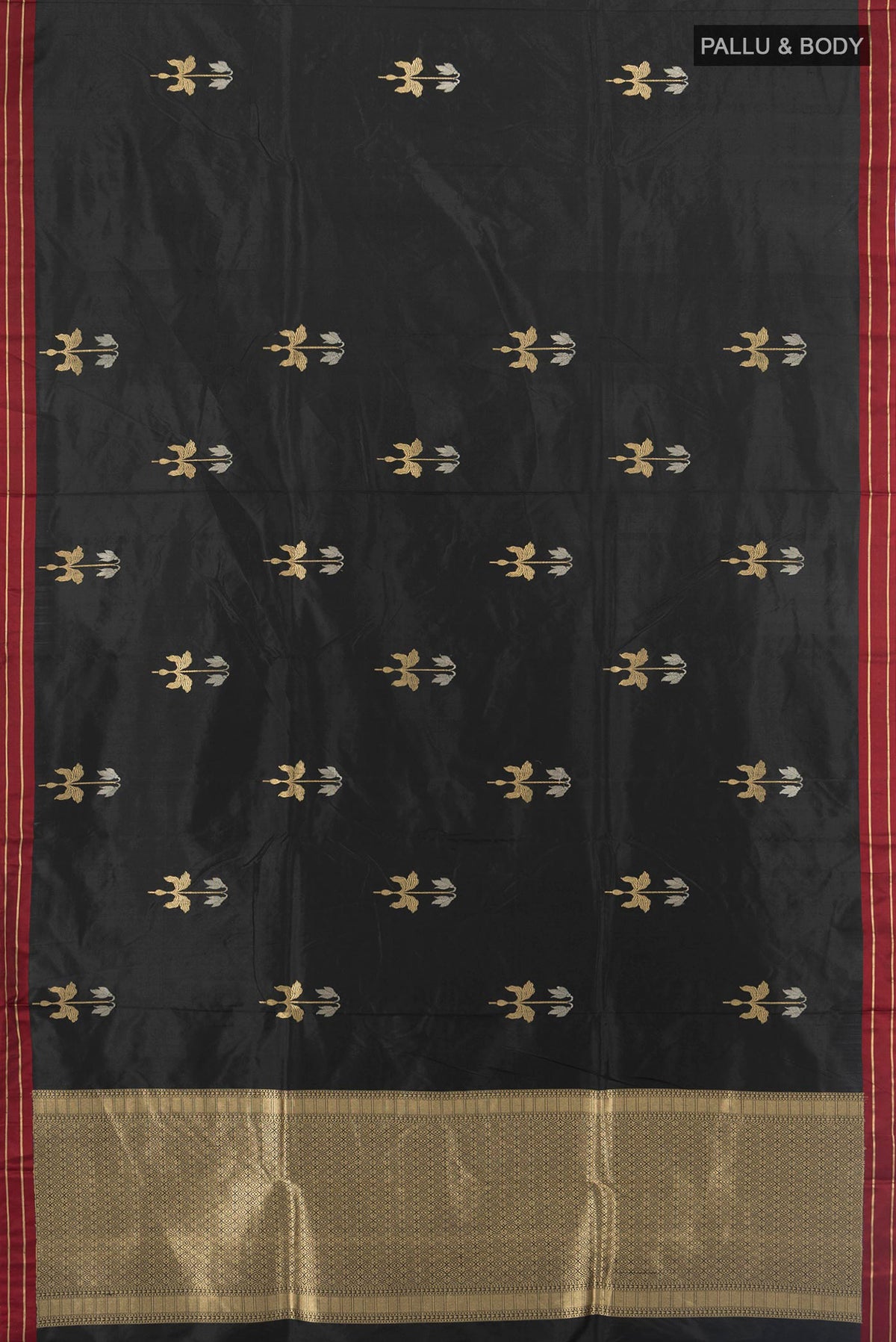 Flat view of Pure Silk Black Banarasi Katan Saree with Zari Butta on the body and Plain Border. 