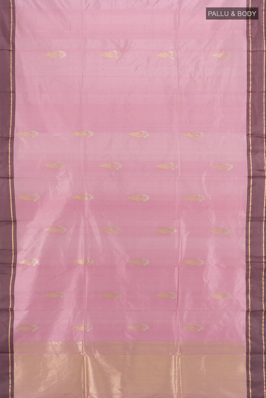 Flat view of Rose pink Banarasi Katan Silk Saree with Zari Butta on the body and Plain Border. 