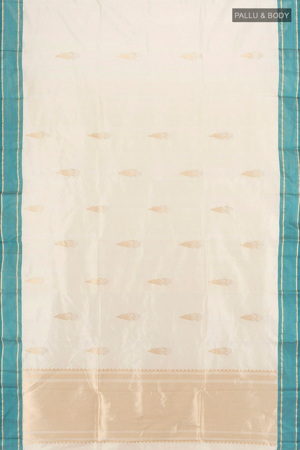 Flat view of Cream Banarasi Katan Silk Saree with Zari Butta on the body and Plain Border. 