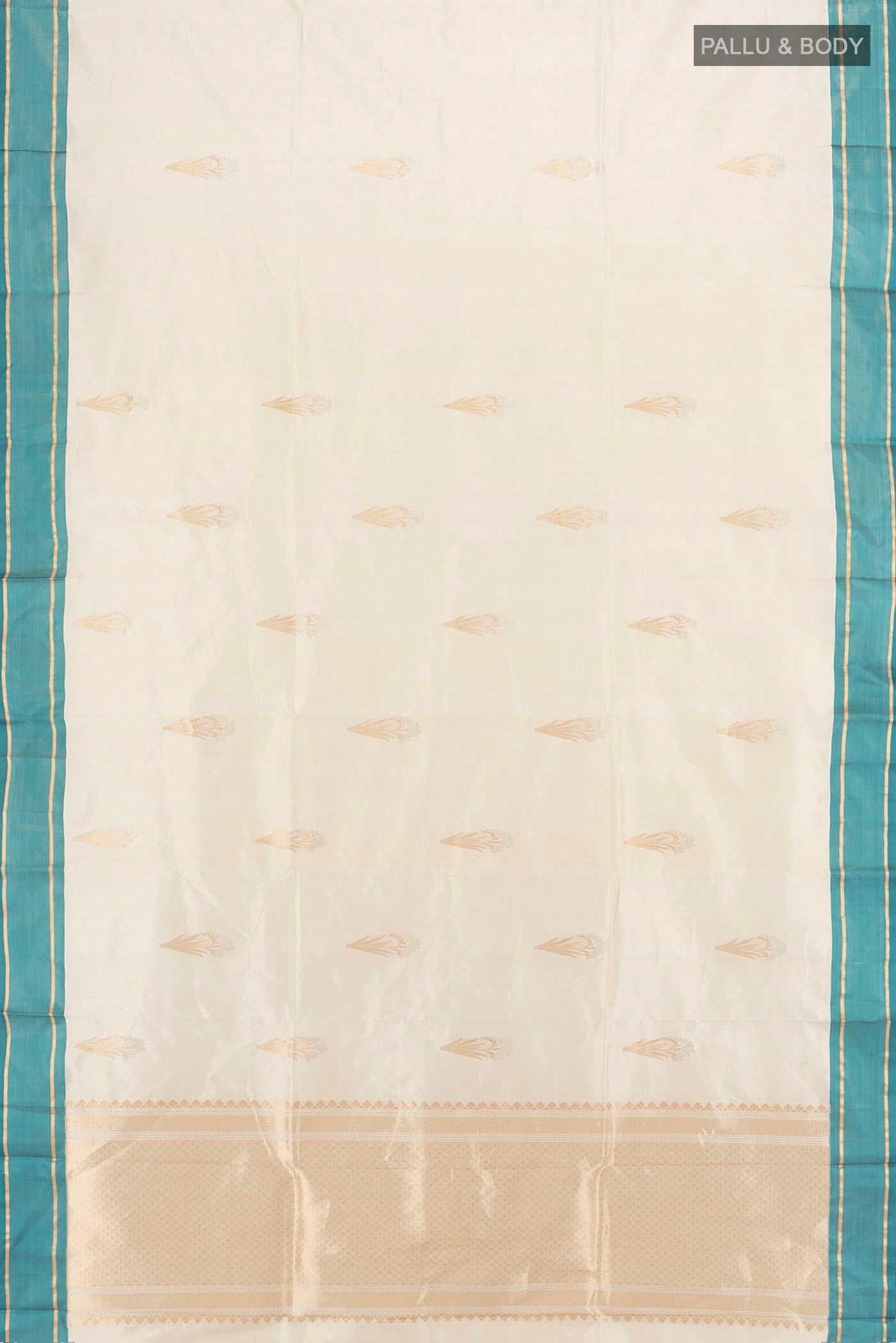 Flat view of Cream Banarasi Katan Silk Saree with Zari Butta on the body and Plain Border. 