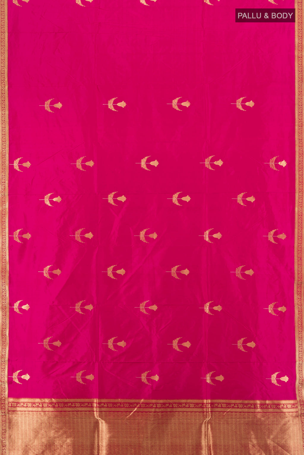 Flat view of Dark Pink Banarasi Katan Silk Saree with Zari Butta on the body and Zari Border. 